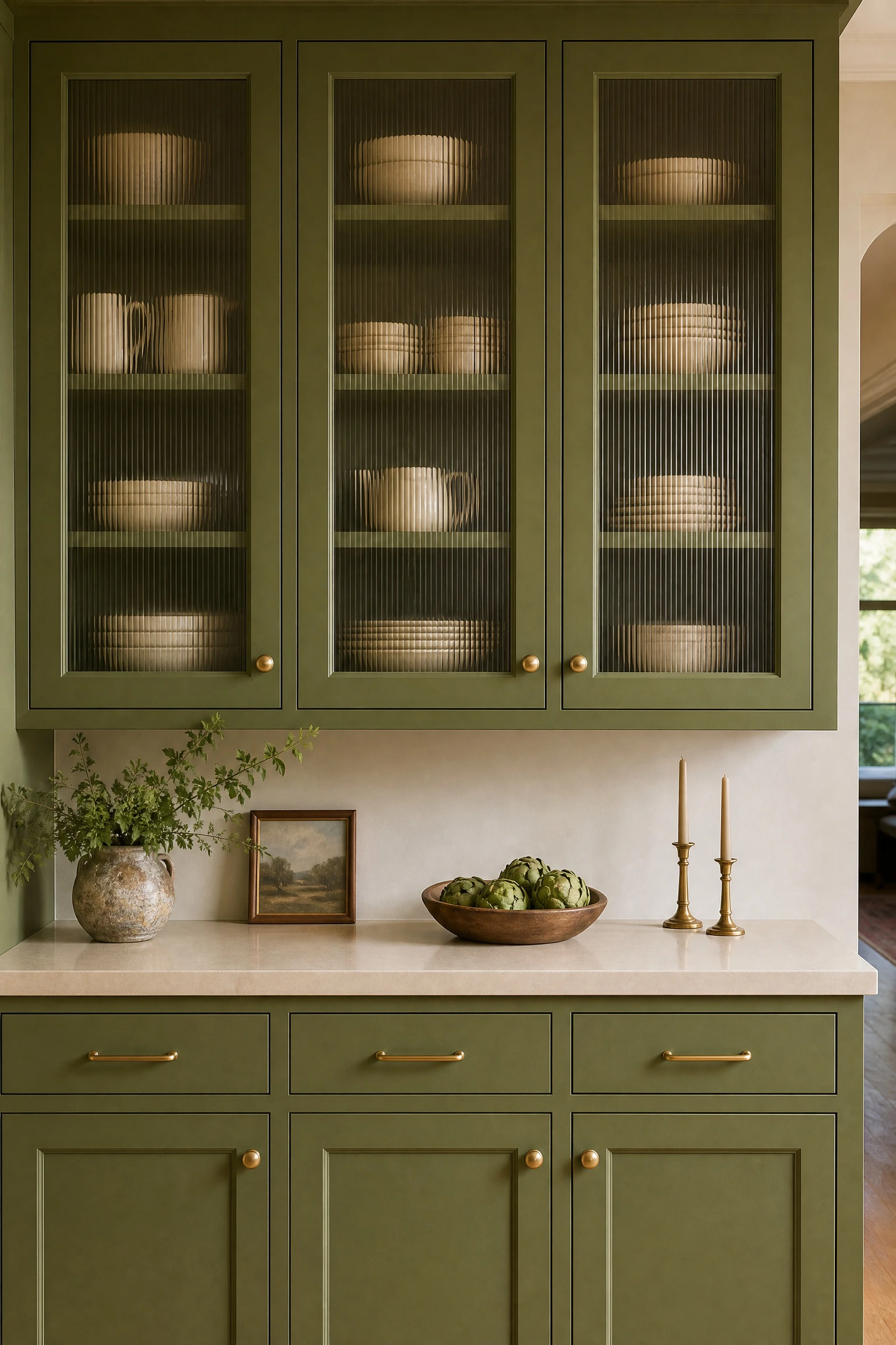 introduce avocado green through open cabinetry with glass doors in a kitchen