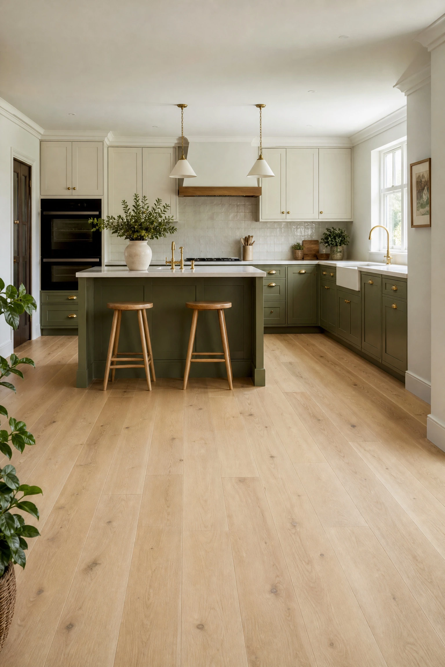 keep the kitchen feeling light with white painted timber floors
