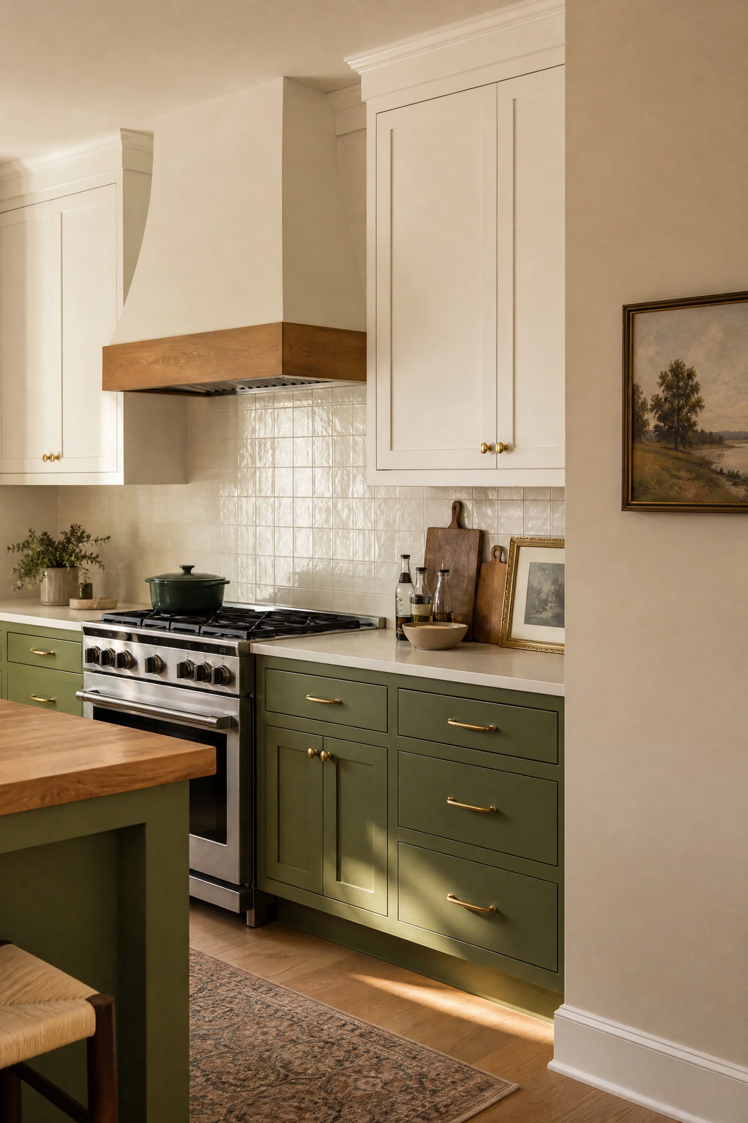 layer in cream and warm neutrals on the walls in a kitchen