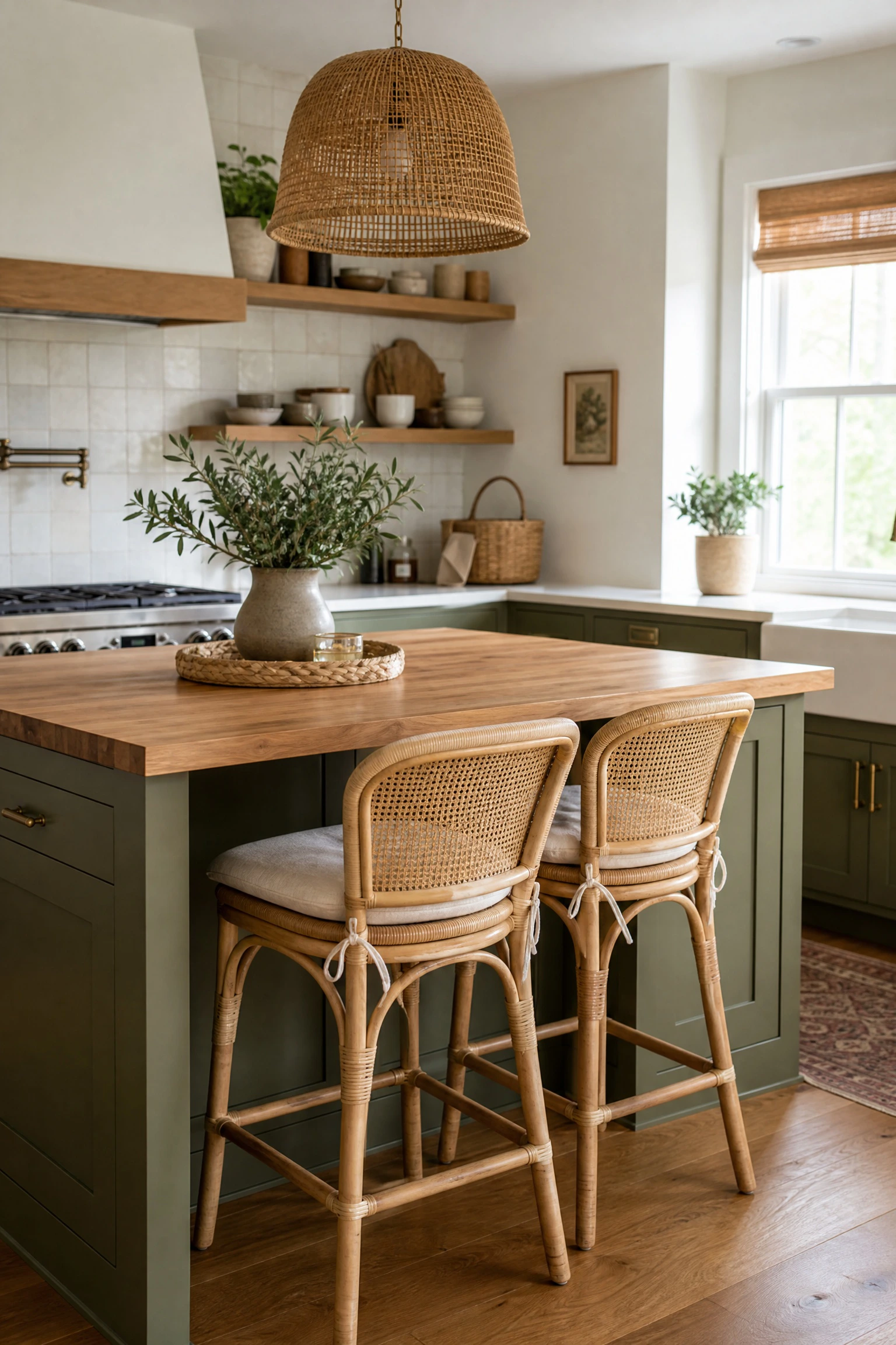 mix avocado green with natural rattan and woven textures in a kitchen