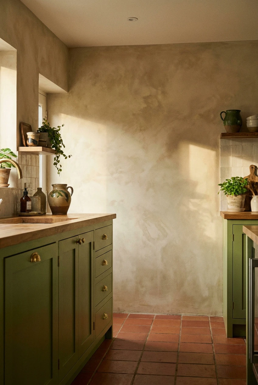 pair avocado green with limewashed or venetian-plaster walls in a kitchen