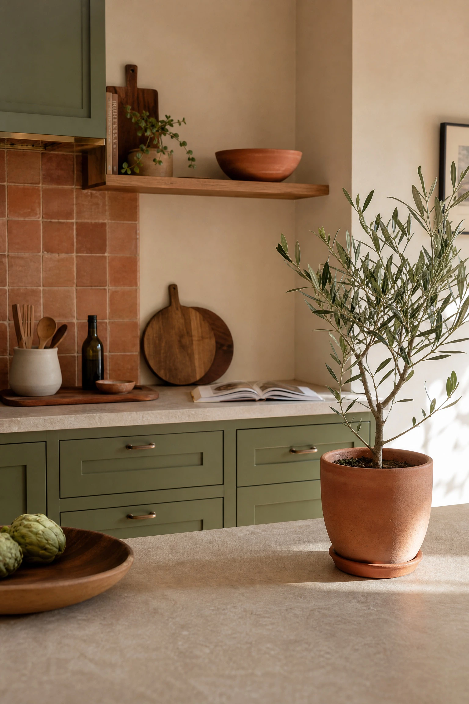 pair avocado green with terracotta accents in a kitchen