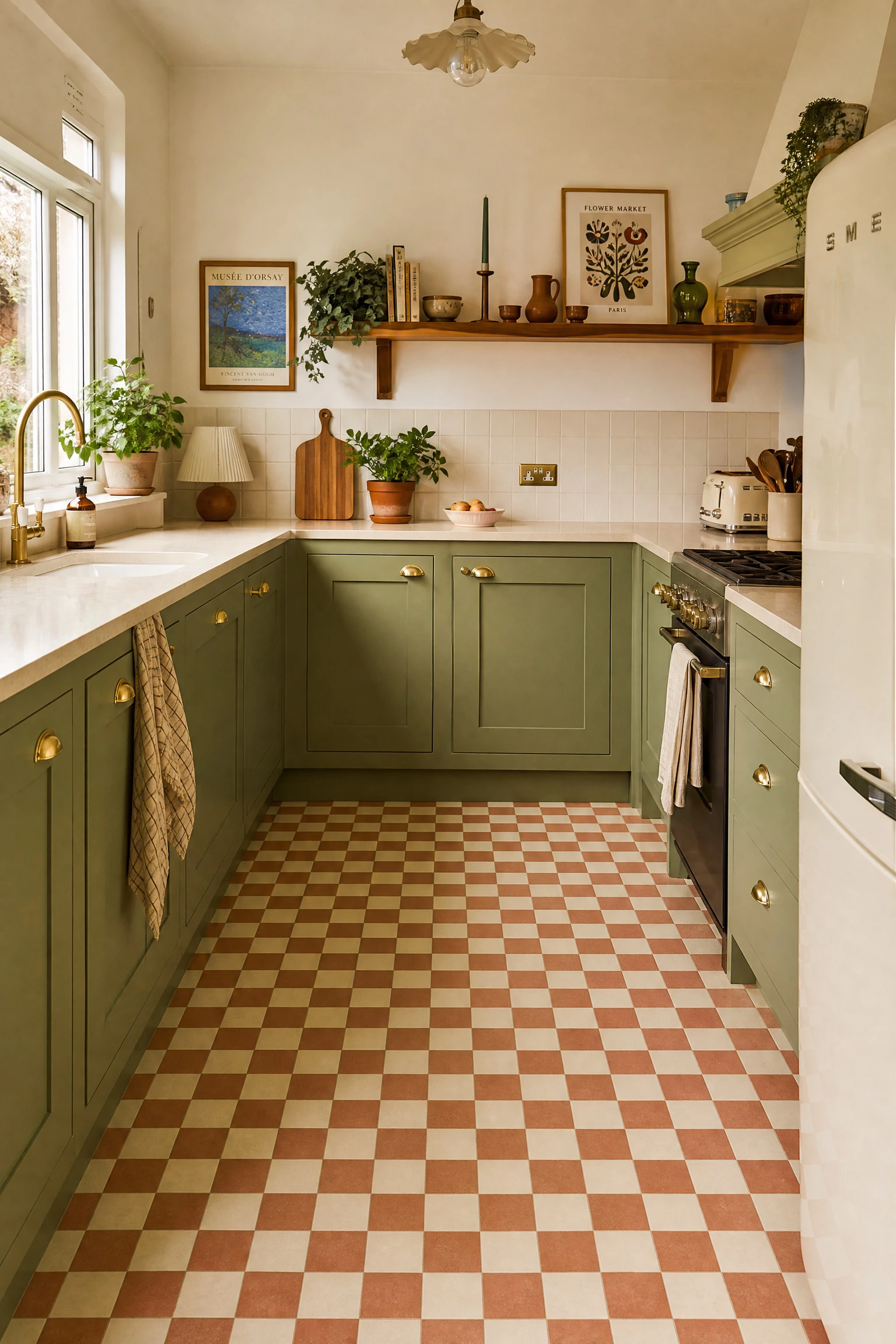 pair avocado green with warm checkerboard flooring in a kitchen