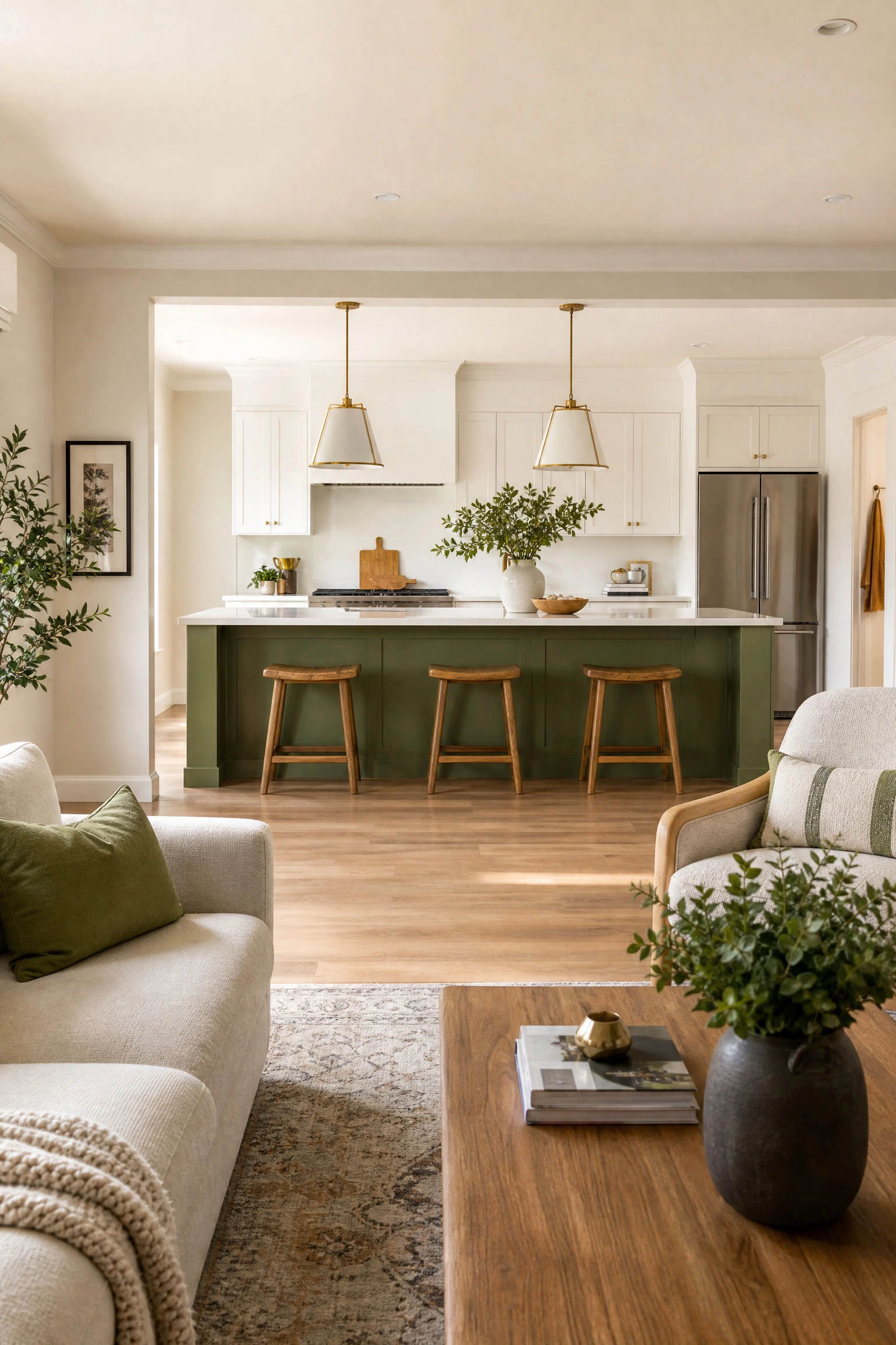 use avocado green in an open-plan kitchen to define the space