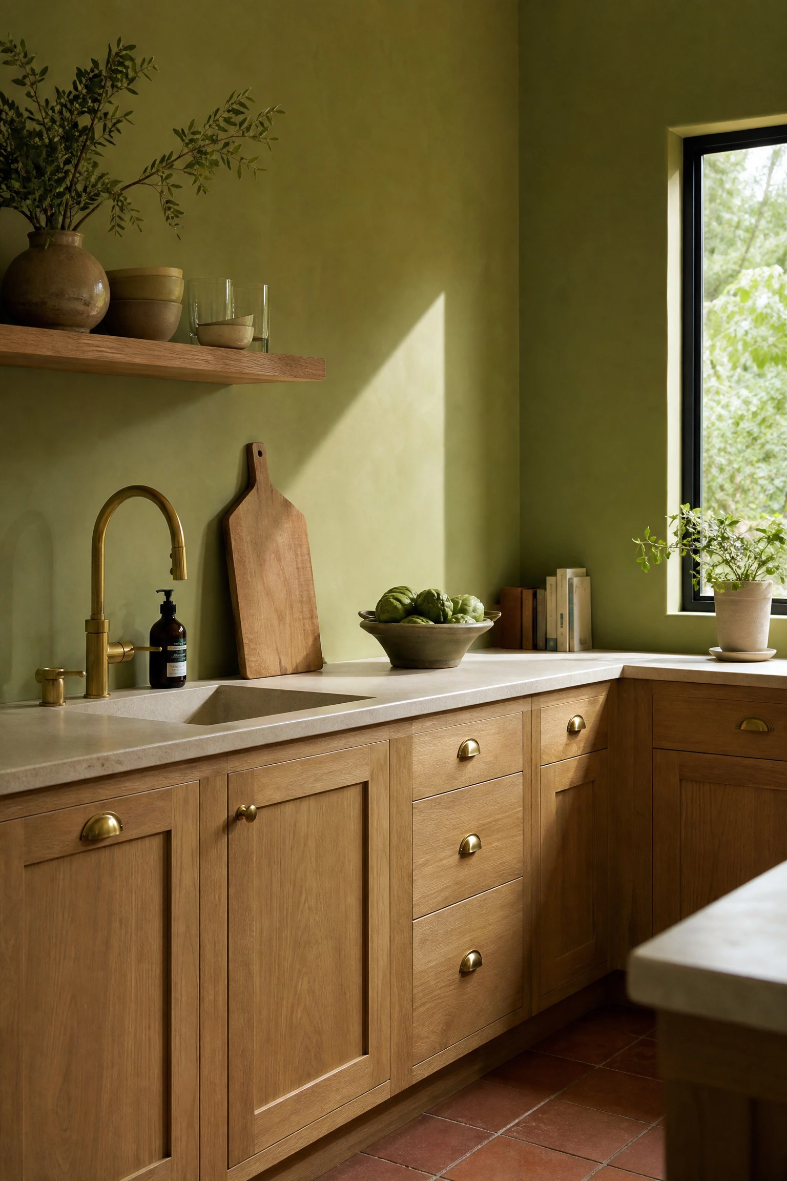 use avocado green paint on the walls instead of the cabinets in a kitchen