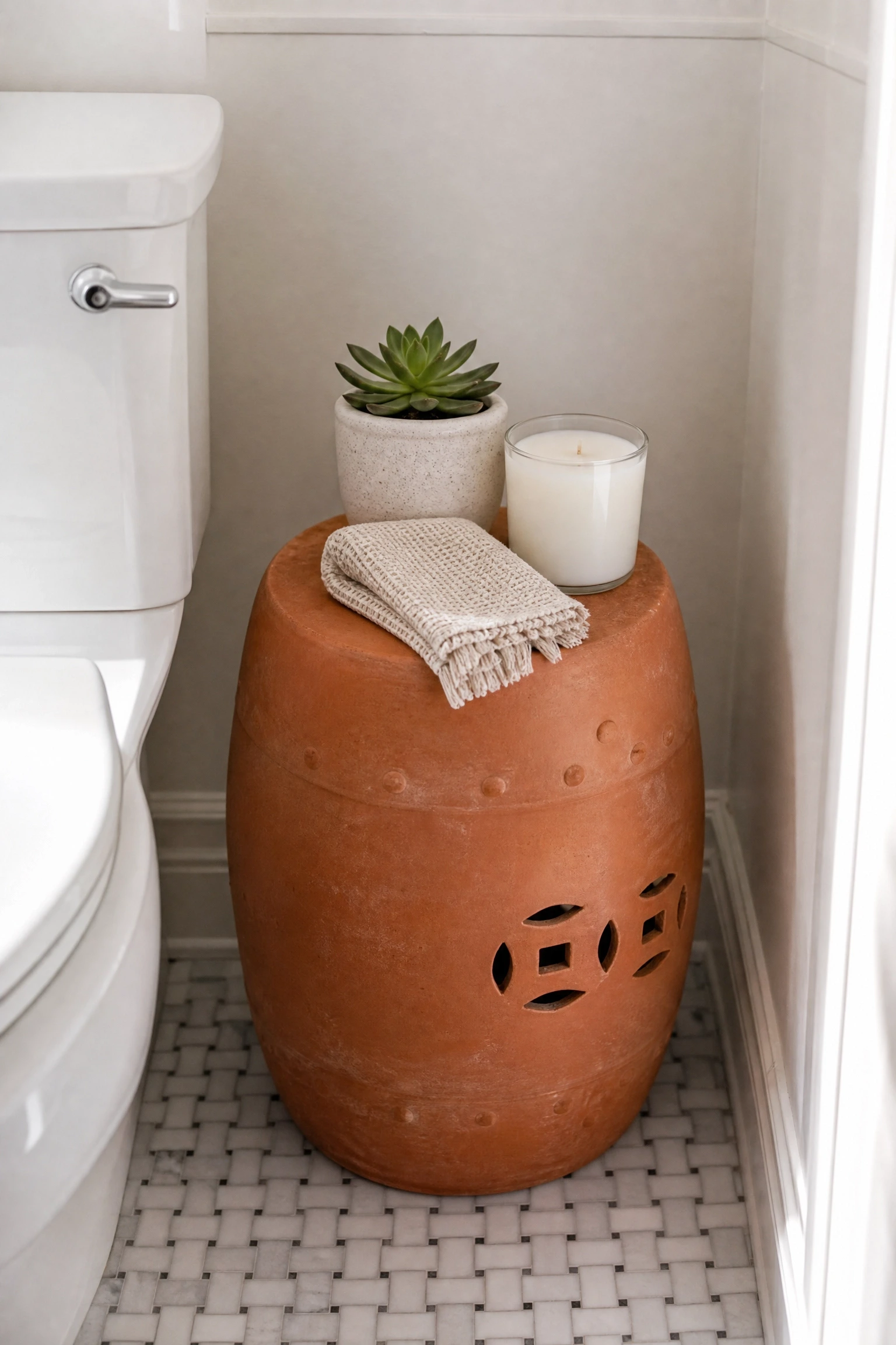 a ceramic garden stool as a corner accent in a bathroom