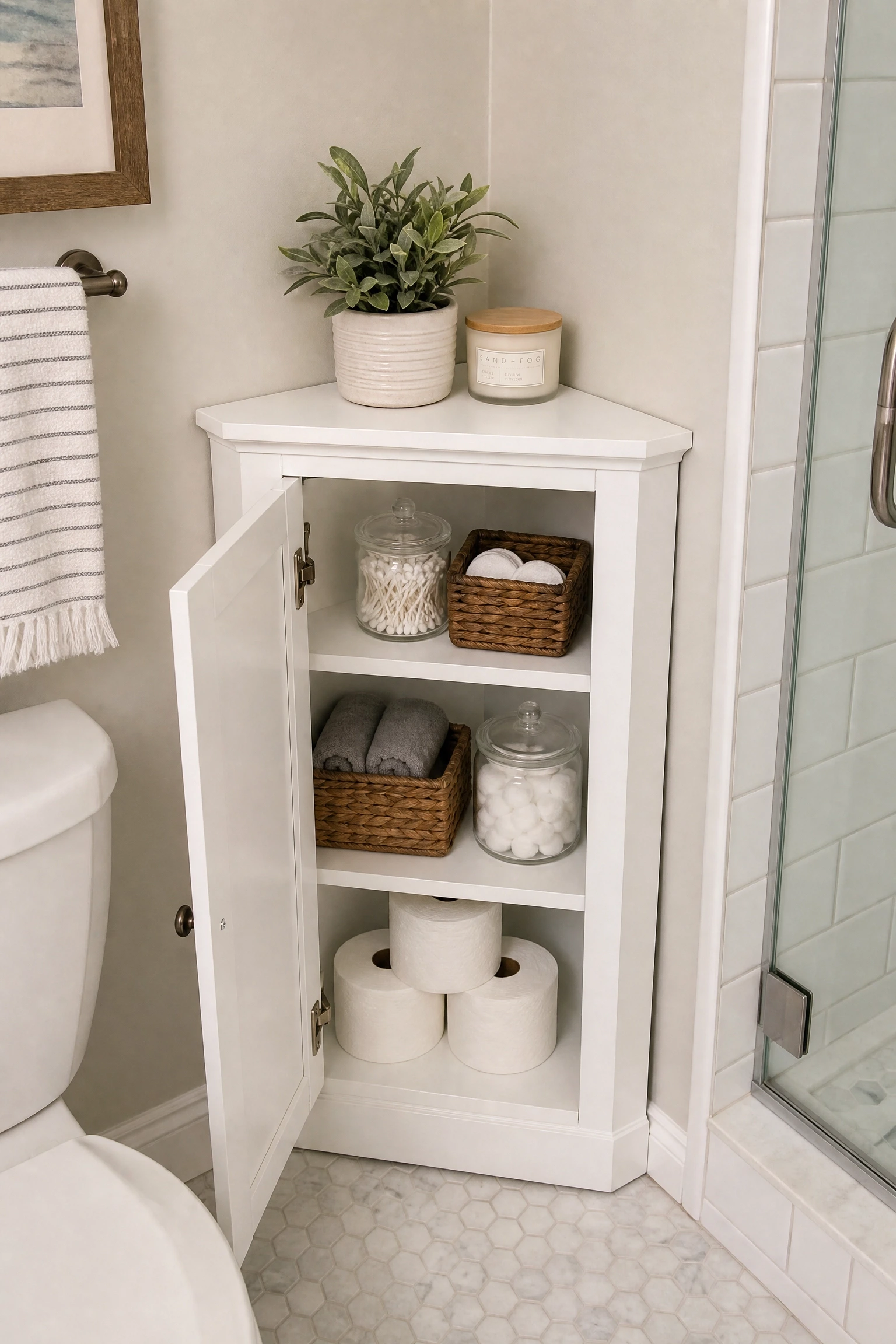 a corner floor cabinet in a bathroom