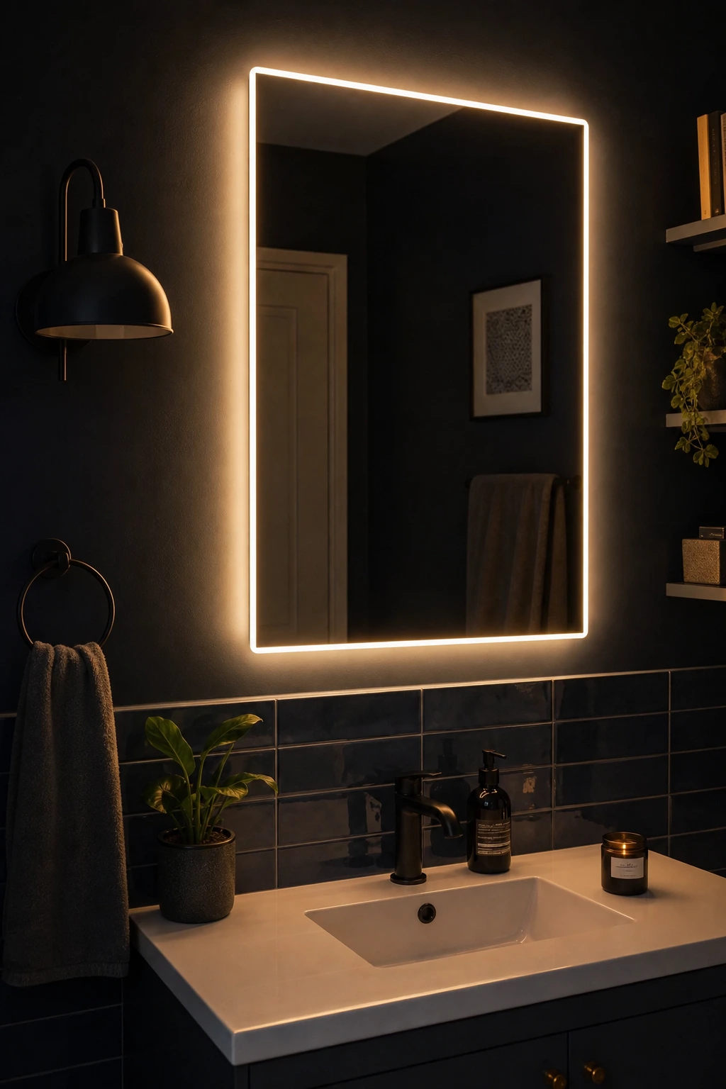 a corner mirror with integrated lighting in a bathroom