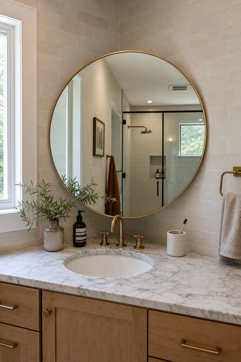 a corner-mounted vanity mirror in a bathroom