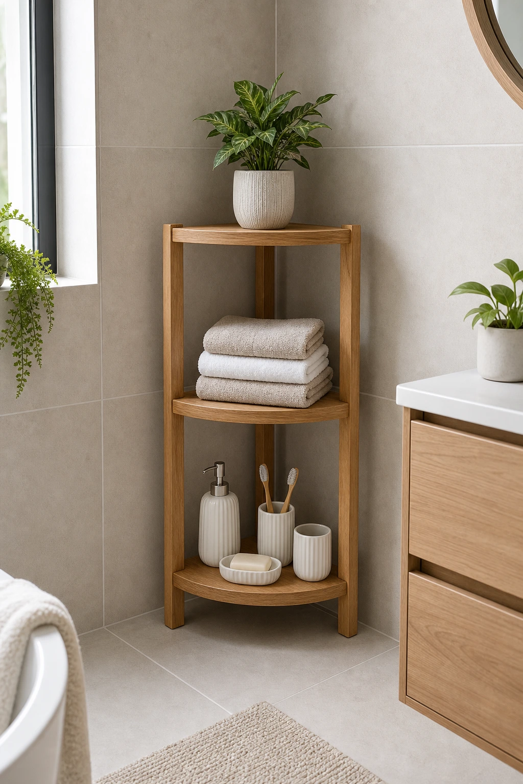 a freestanding corner shelf unit in a bathroom