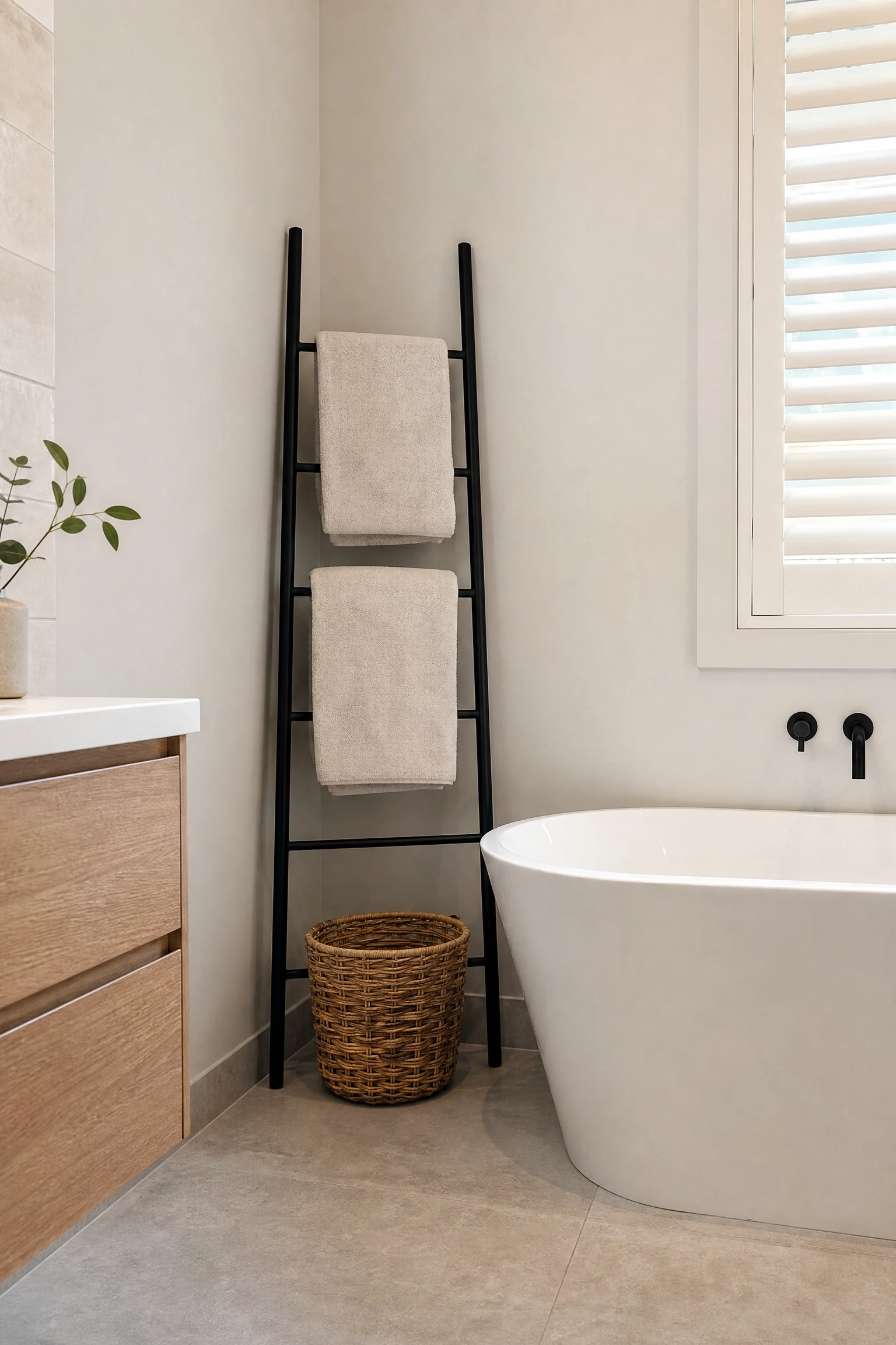a freestanding towel rail in the bathtub corner in a bathroom