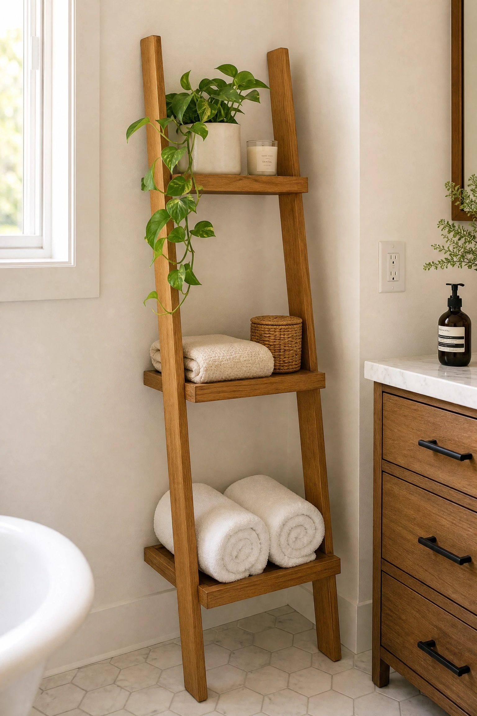 a ladder shelf leaning in the floor corner in a bathroom