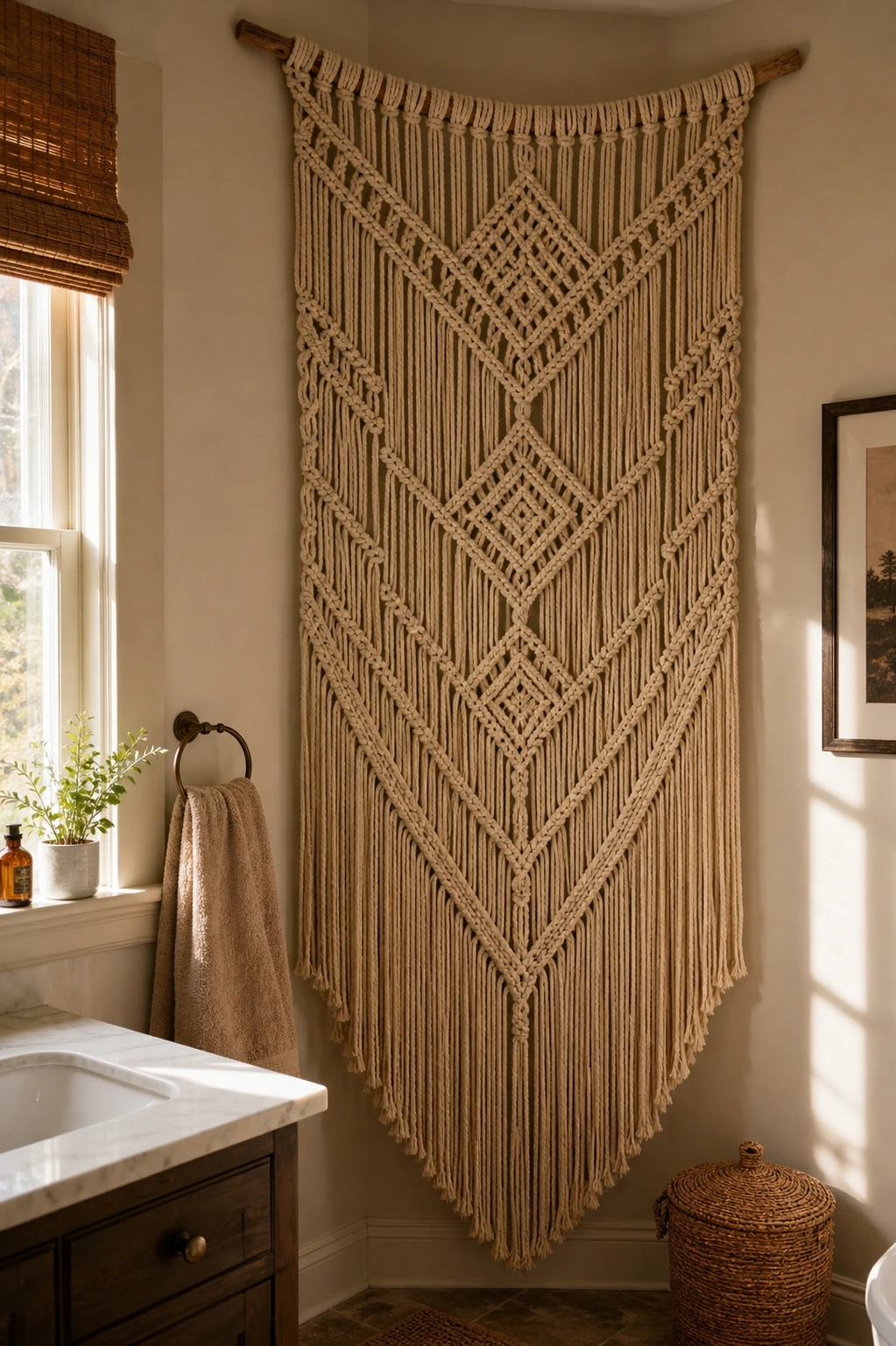 a macrame or woven textile hanging in a bathroom