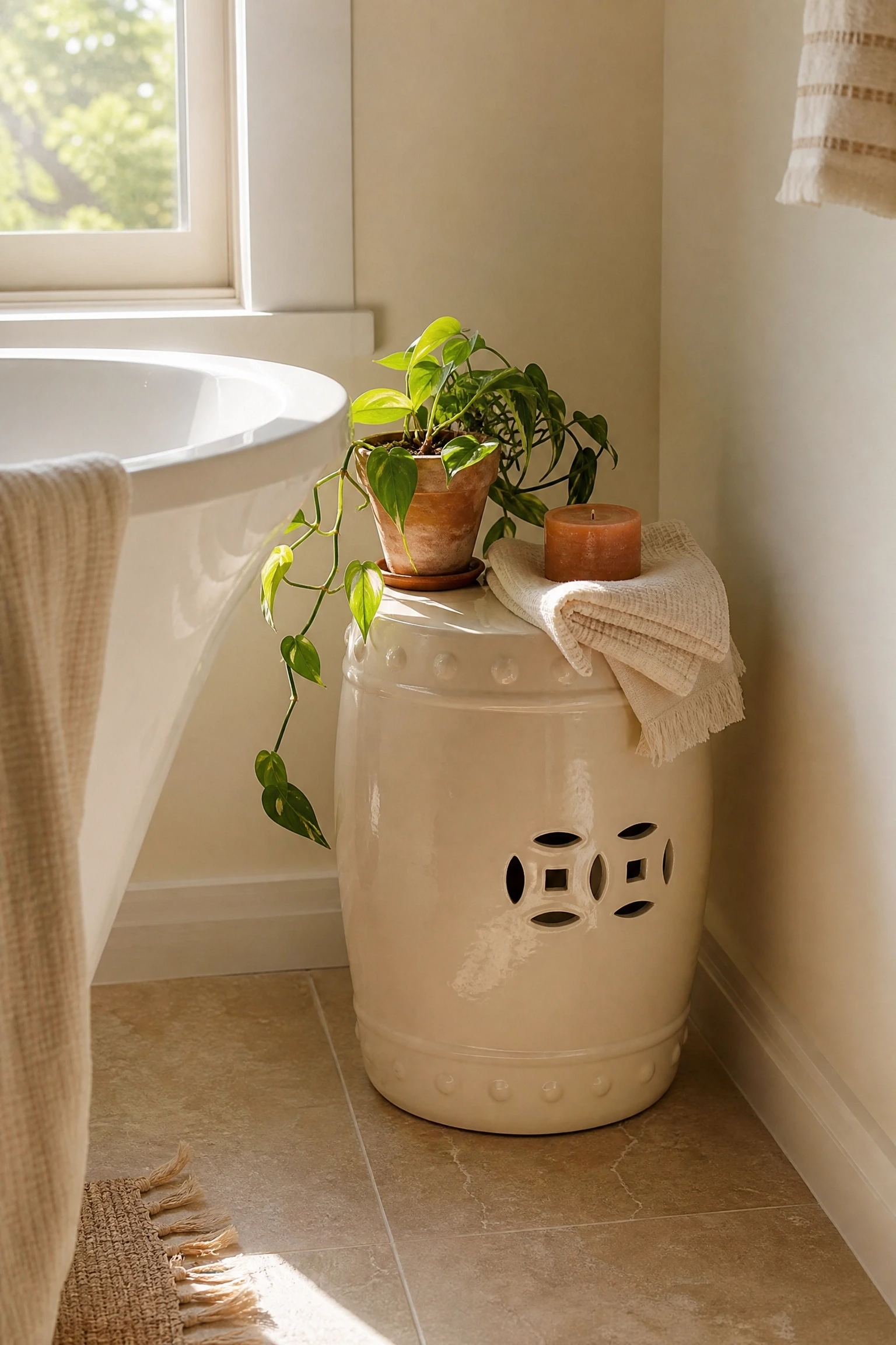 a small stool or side table in the bathtub corner in a bathroom