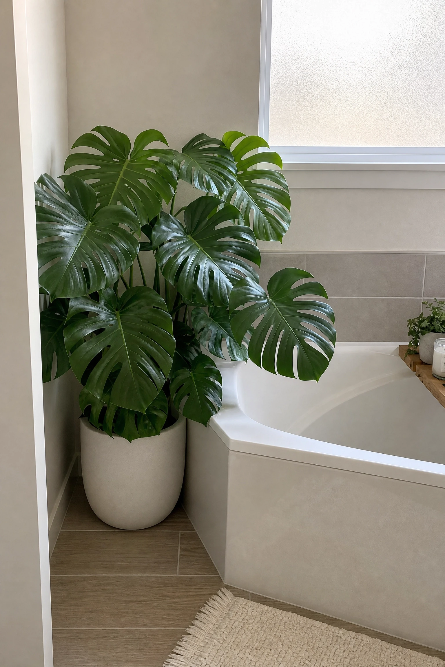 a tall plant in the bathtub corner in a bathroom
