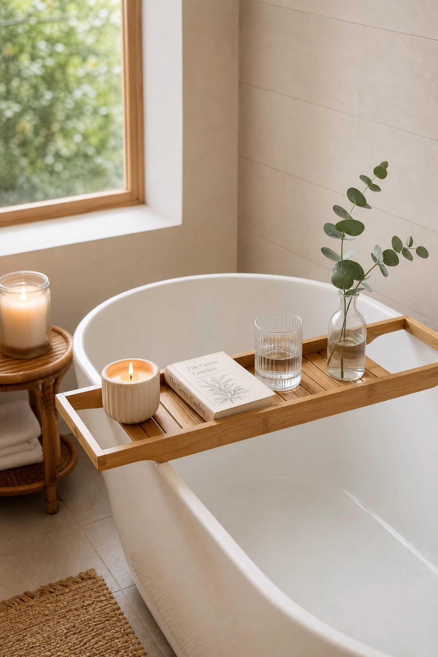a timber bath caddy spanning the tub in a bathroom