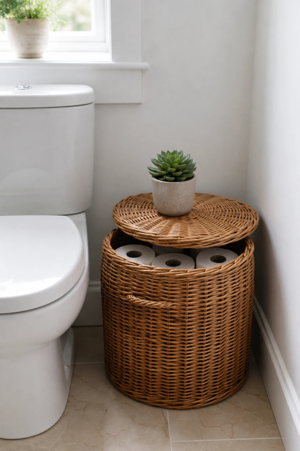 a wicker or rattan storage basket in a bathroom
