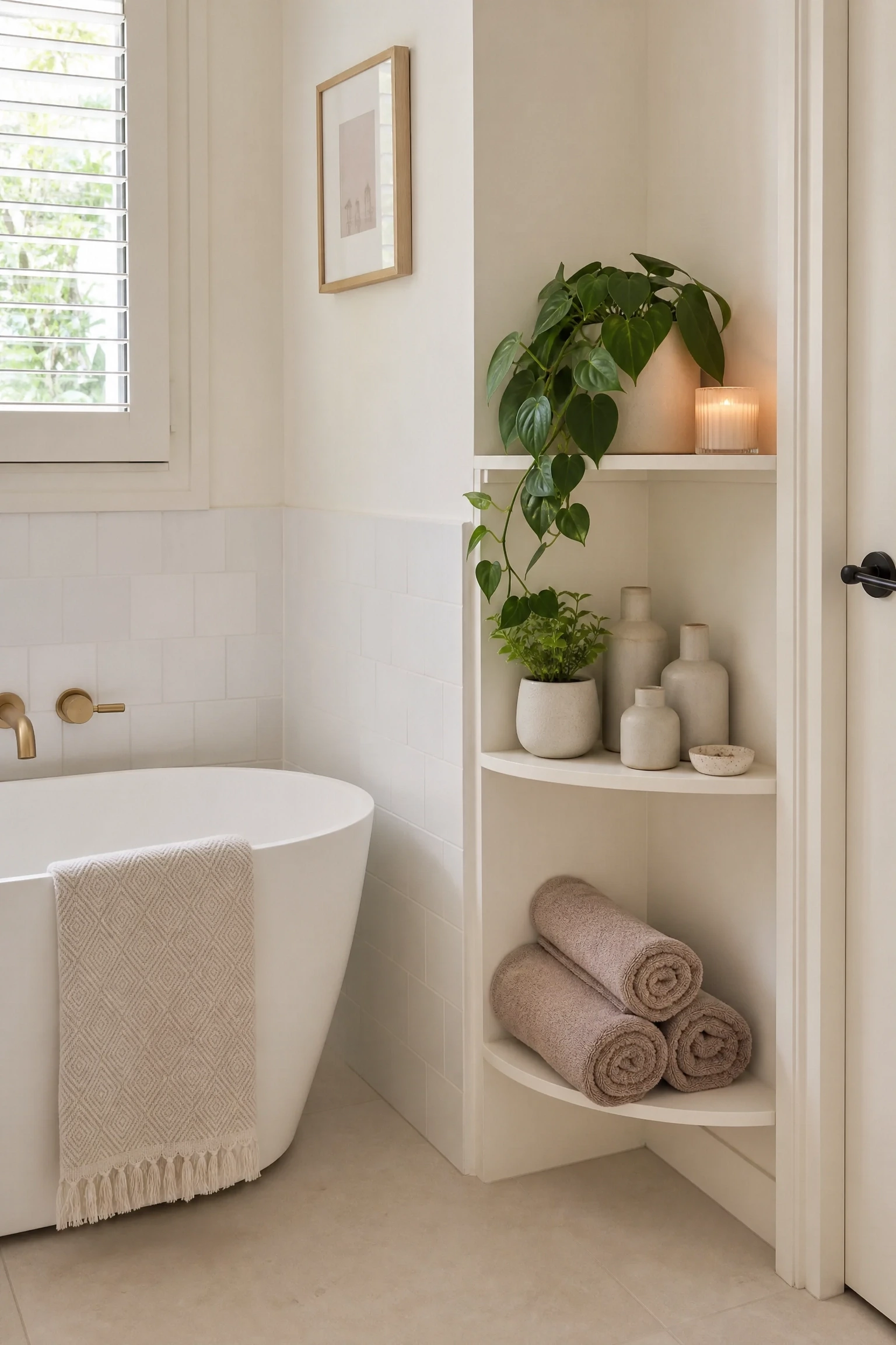 built-in corner shelving at the end of the tub in a bathroom
