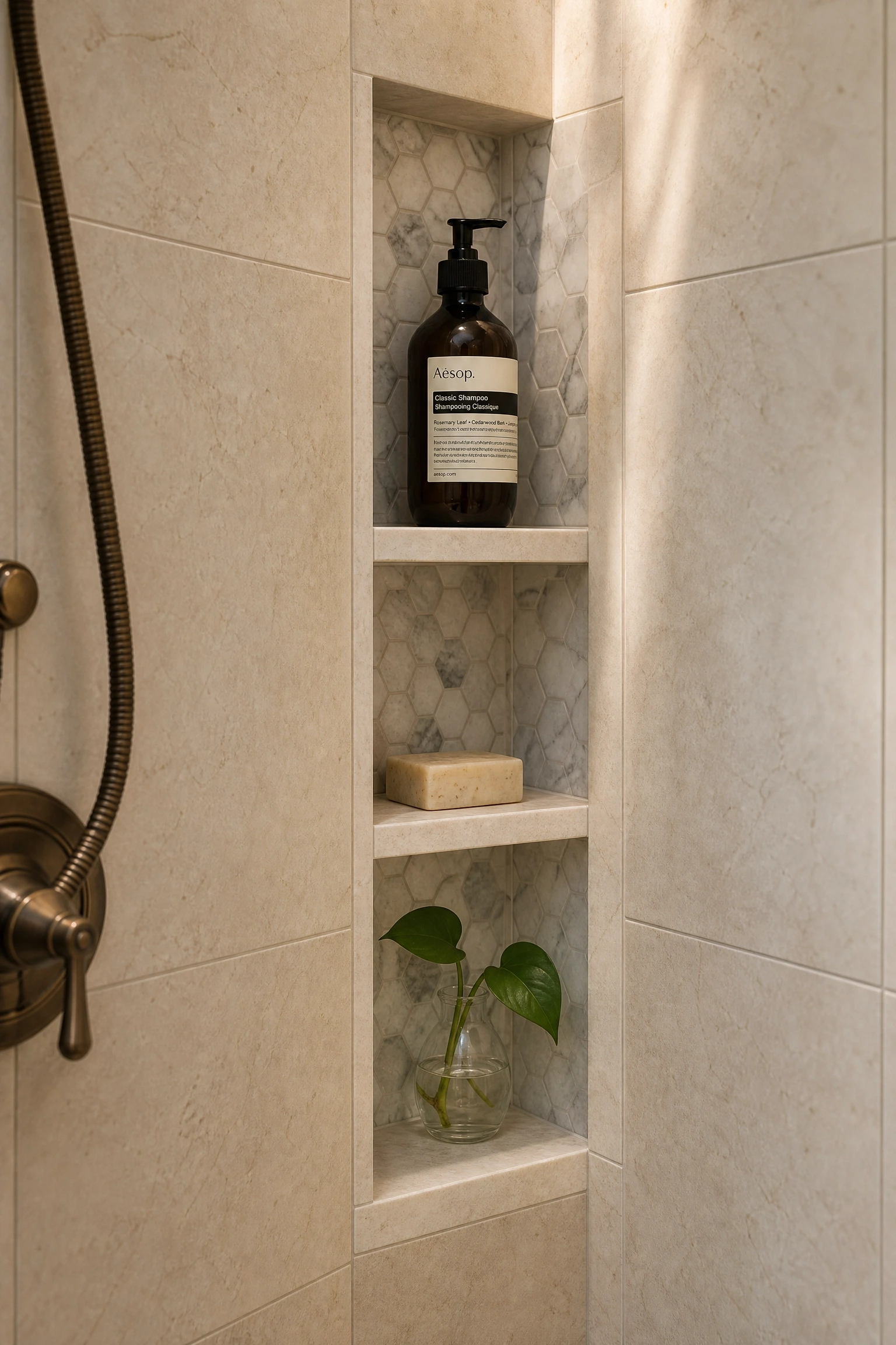 built-in tile niche in the shower corner in a bathroom