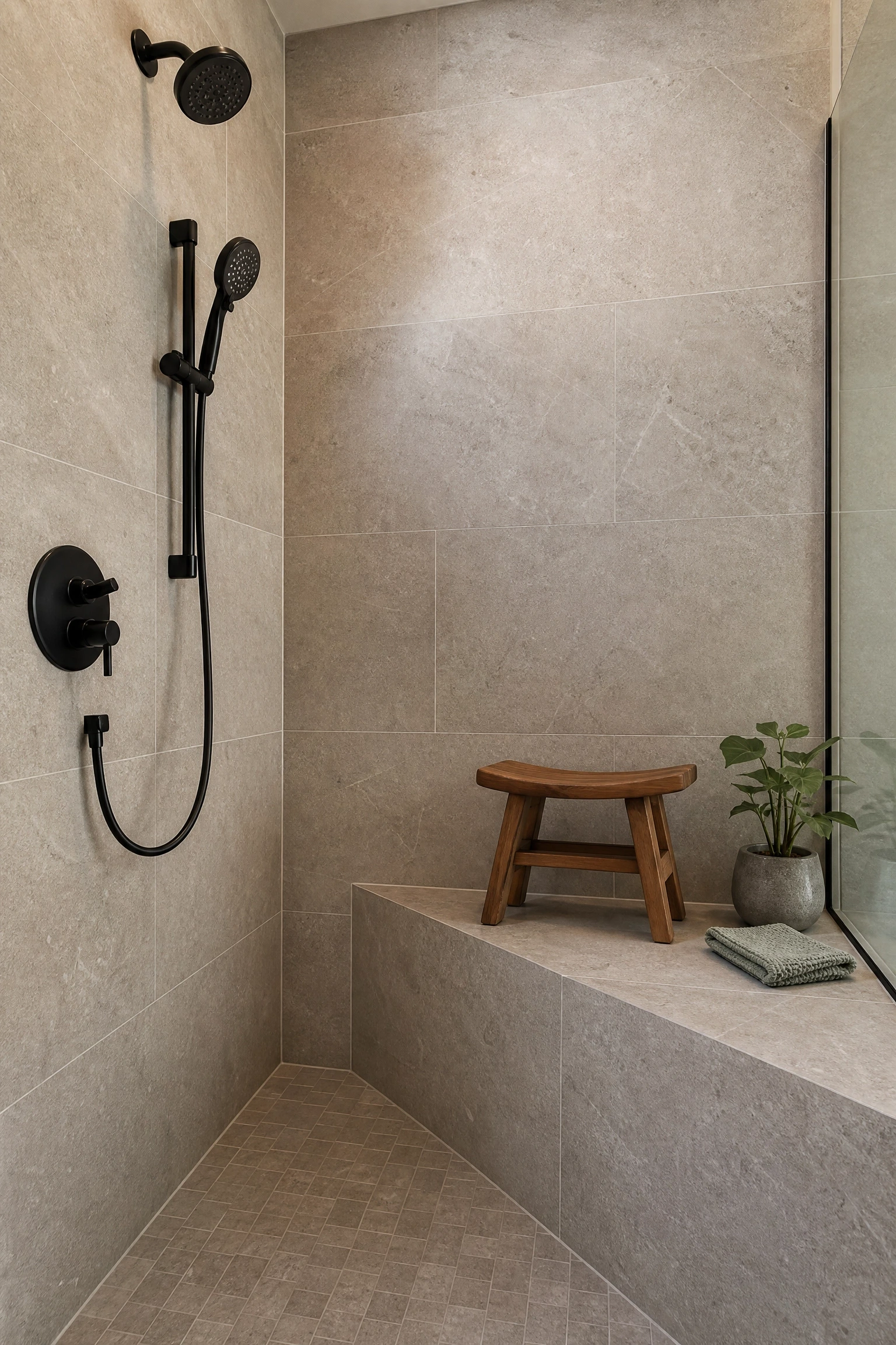corner shower bench in a bathroom