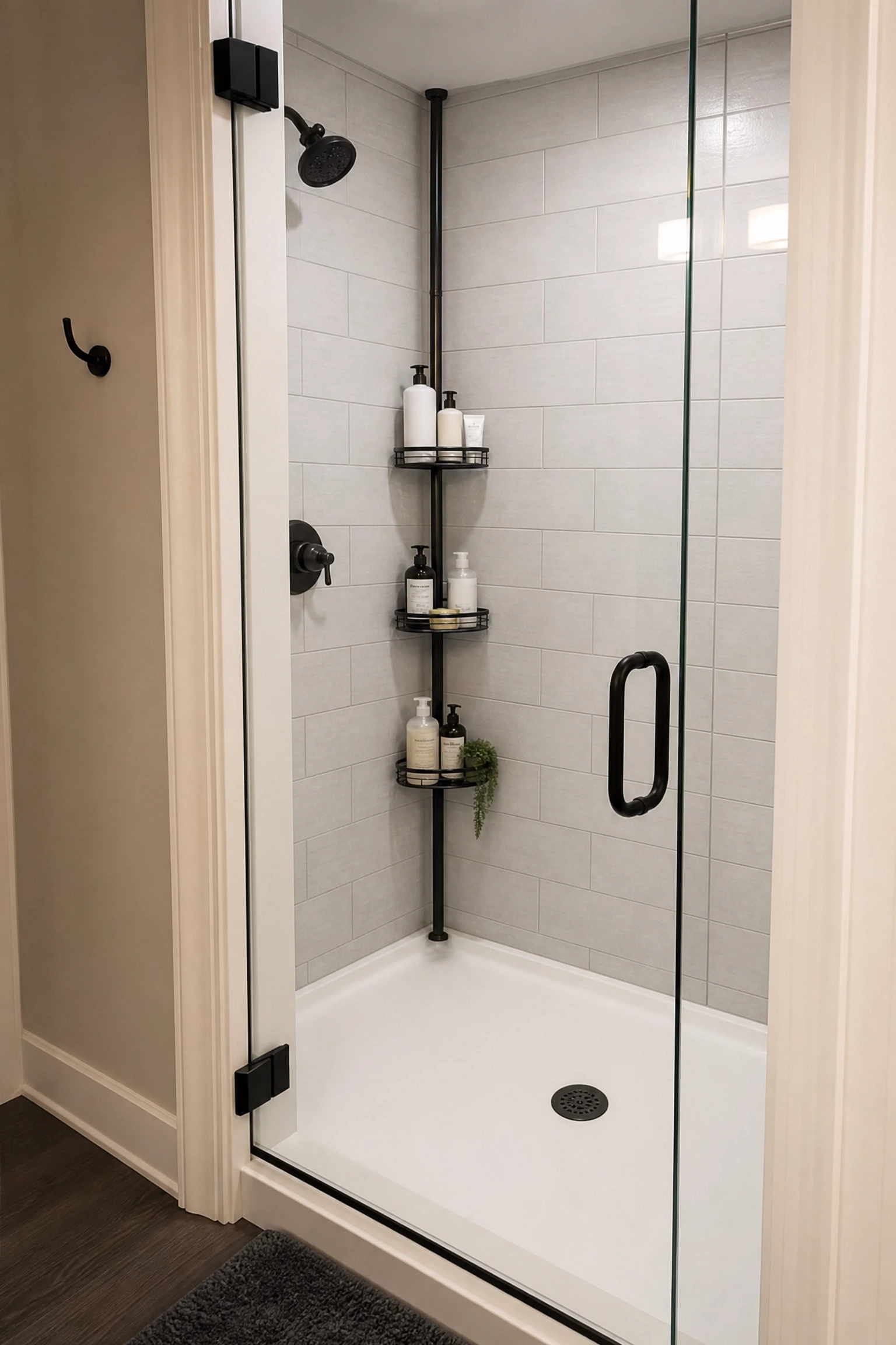 corner tension pole caddy in a bathroom