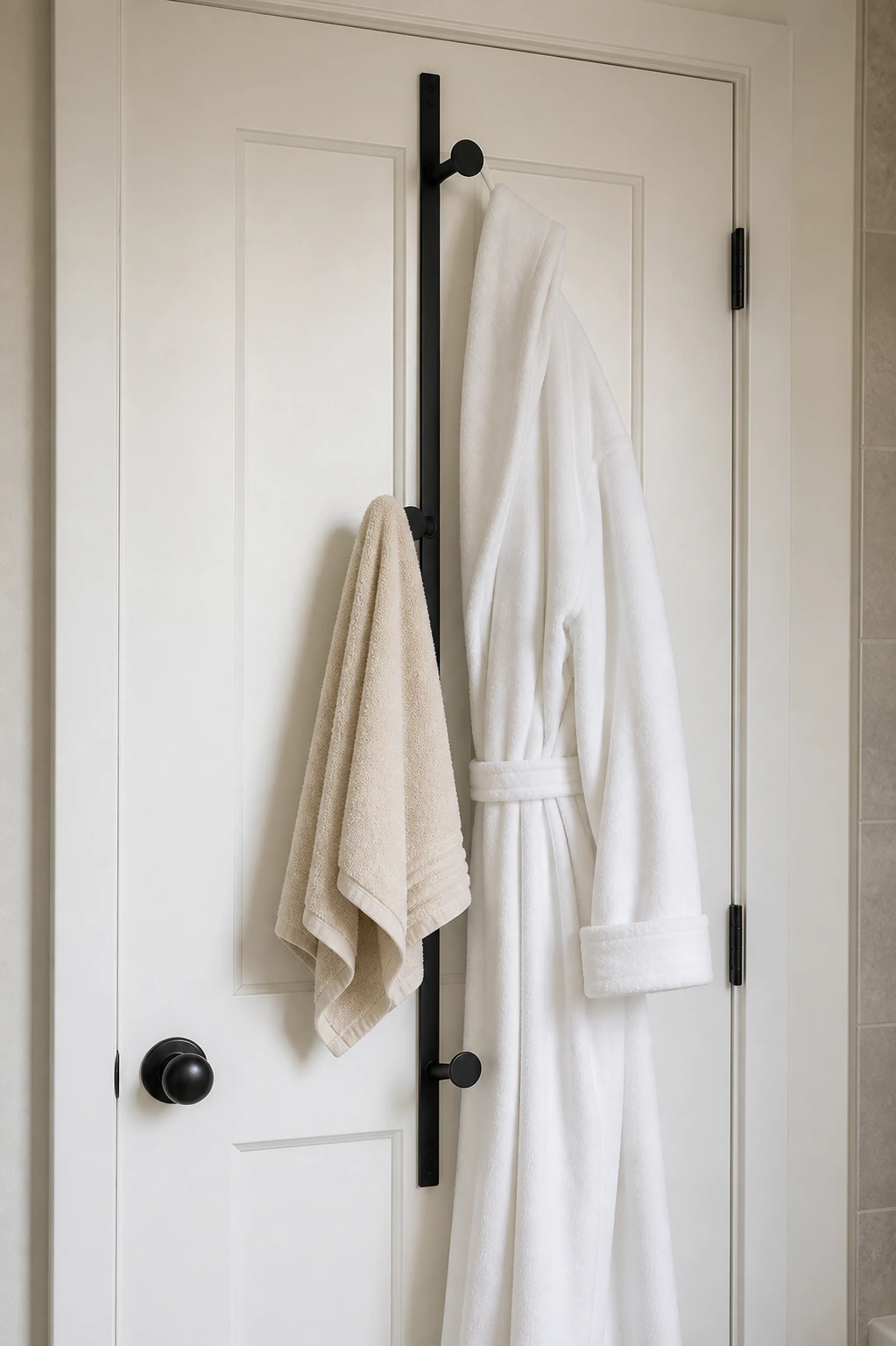 hooks on the back of the door in a bathroom