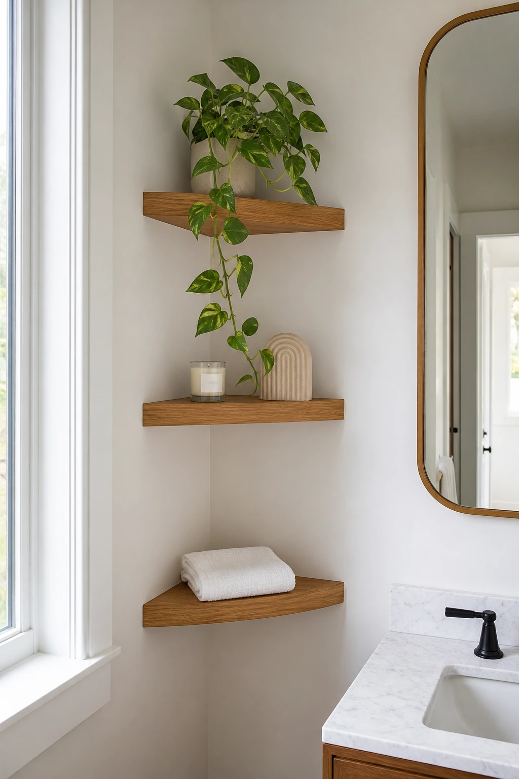 stacked corner floating shelves in a bathroom