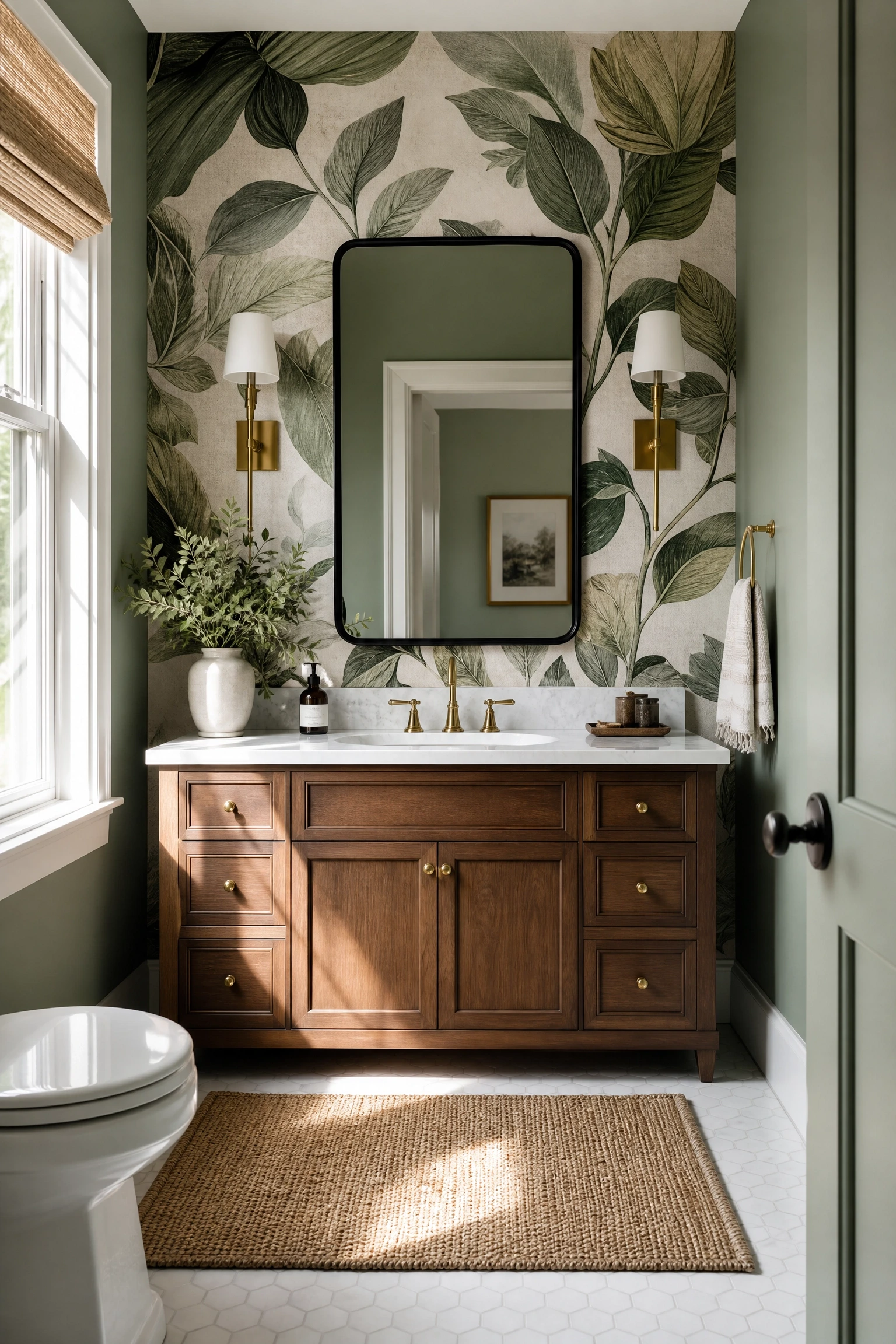 botanical wallpaper instead of a feature wall in a bathroom