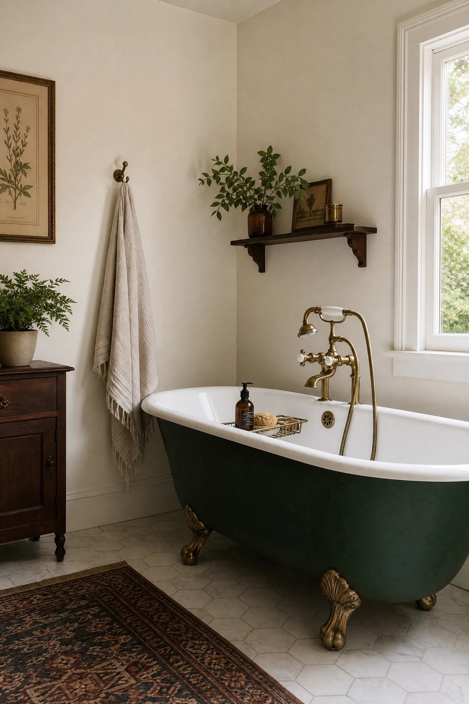bringing green in through a vintage clawfoot tub in a bathroom