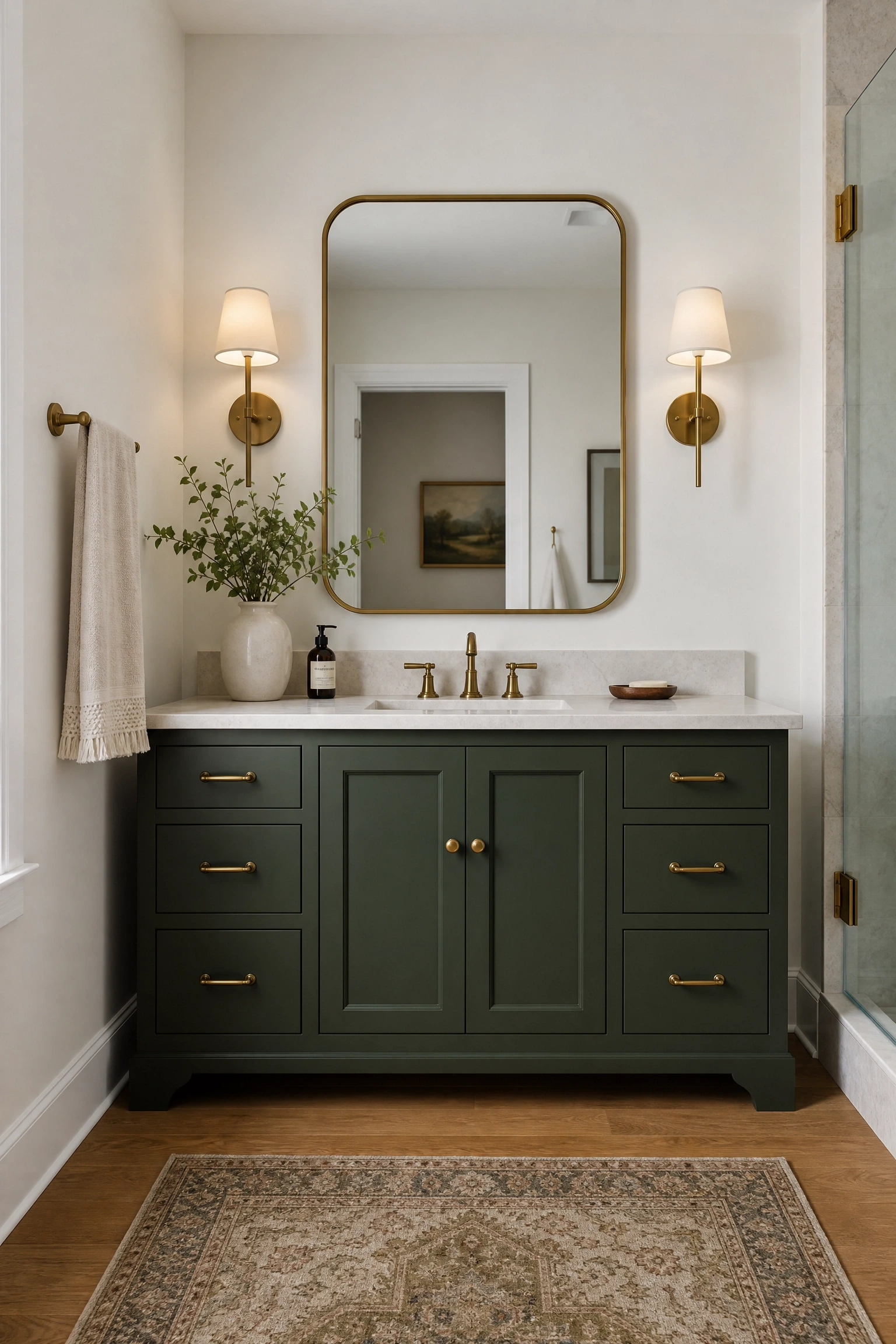deep green cabinetry with warm wood floors in a bathroom