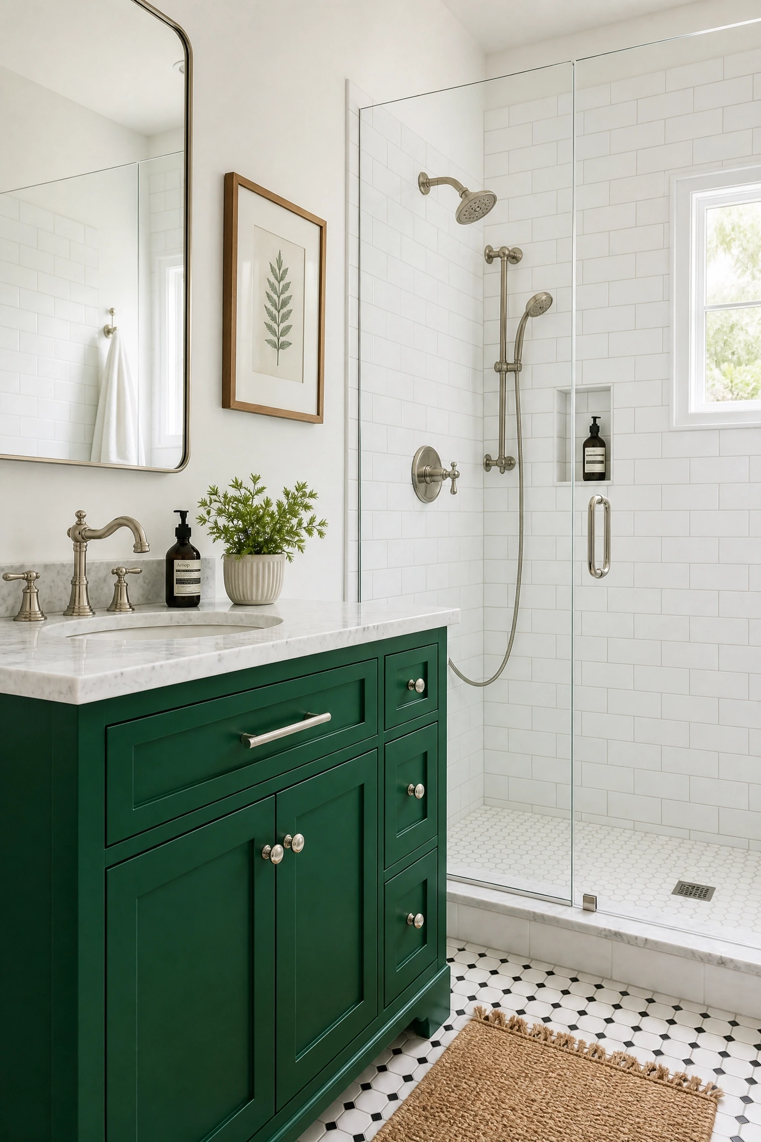green cabinetry with a white subway tile shower in a bathroom
