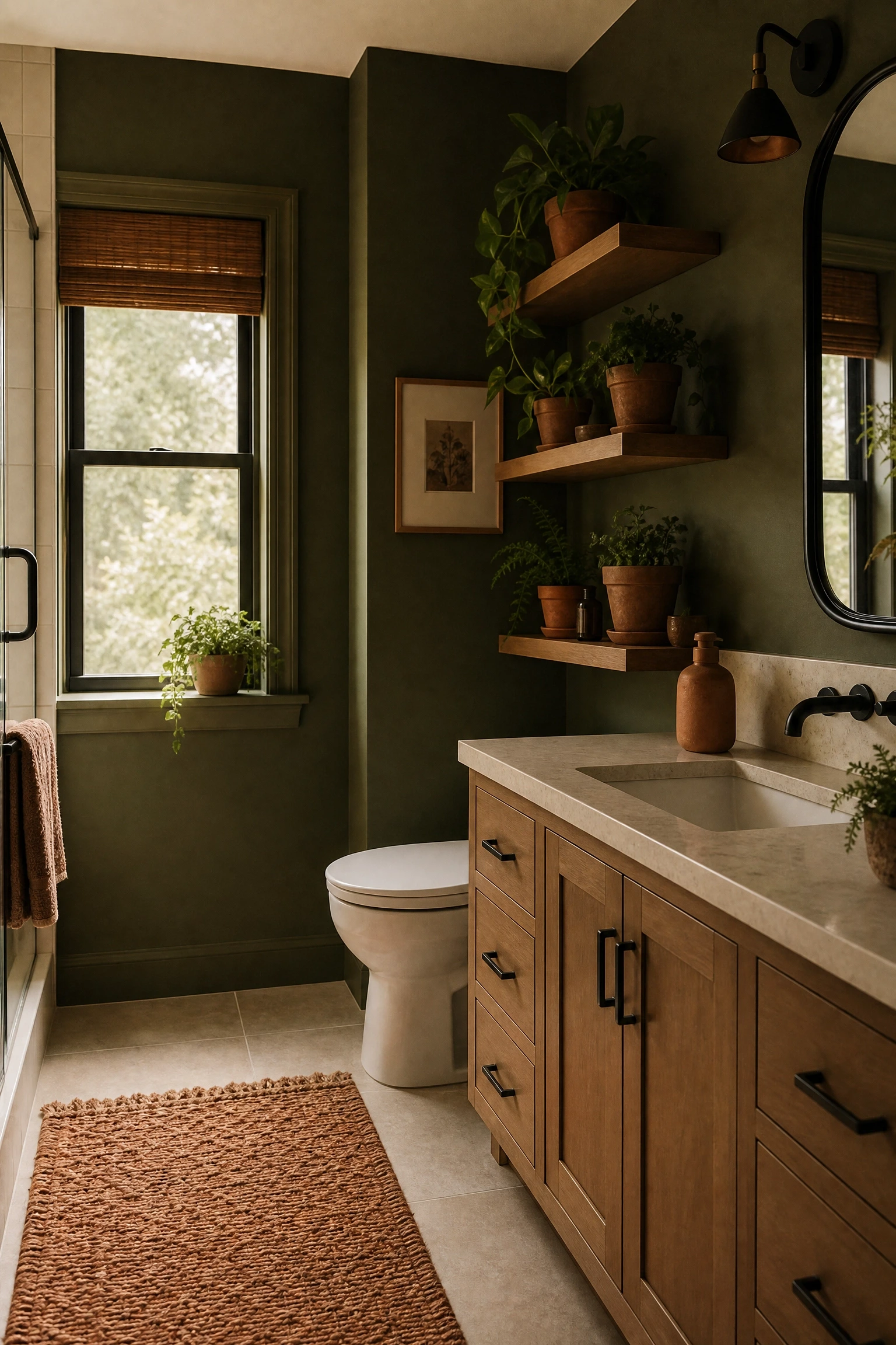 green paired with unexpected warm terracotta accents in a bathroom
