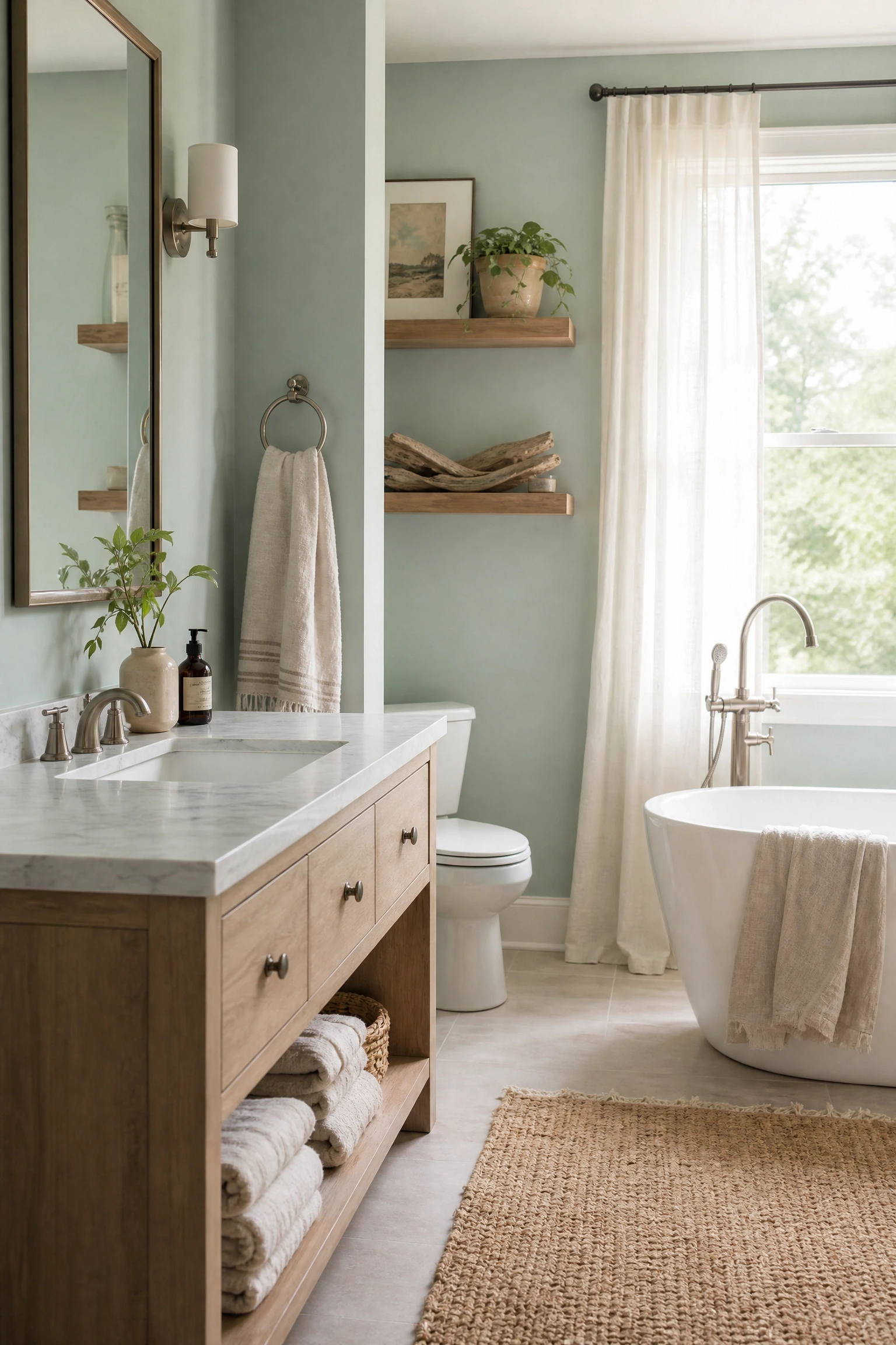 the coastal green that is not actually nautical in a bathroom