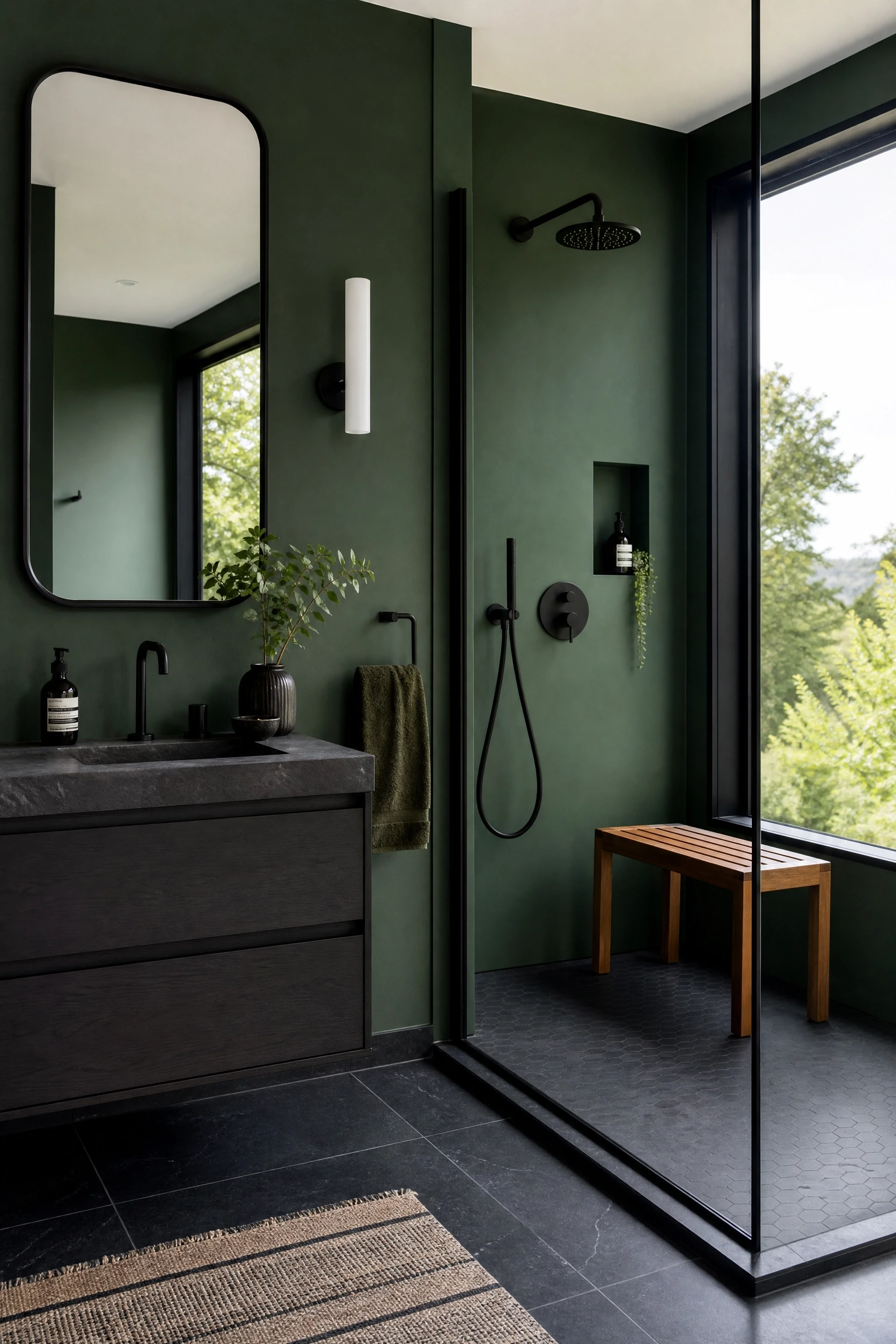 the green and black combination nobody expects in a bathroom