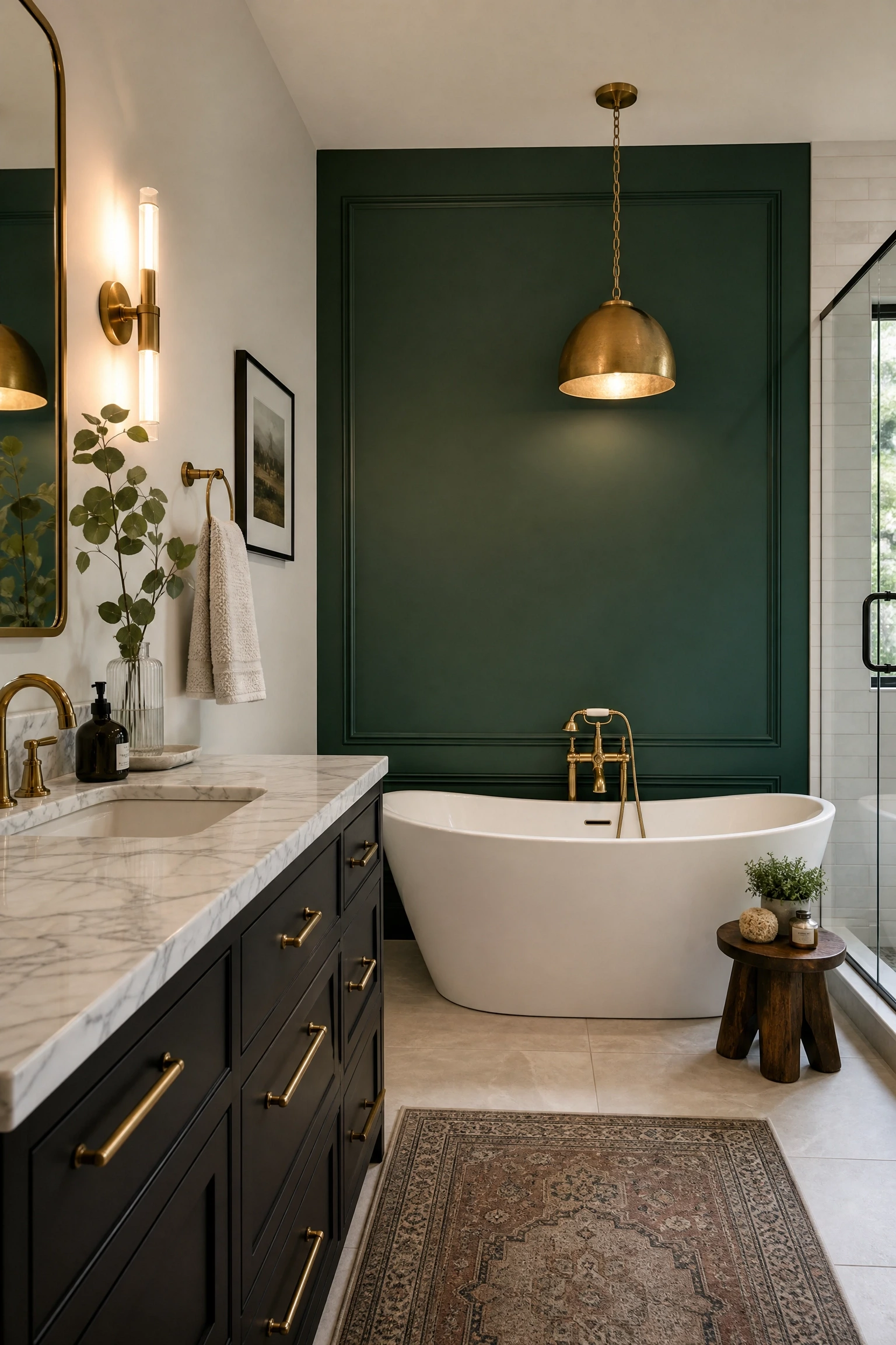 the marble and emerald combination everyone is copying in a bathroom