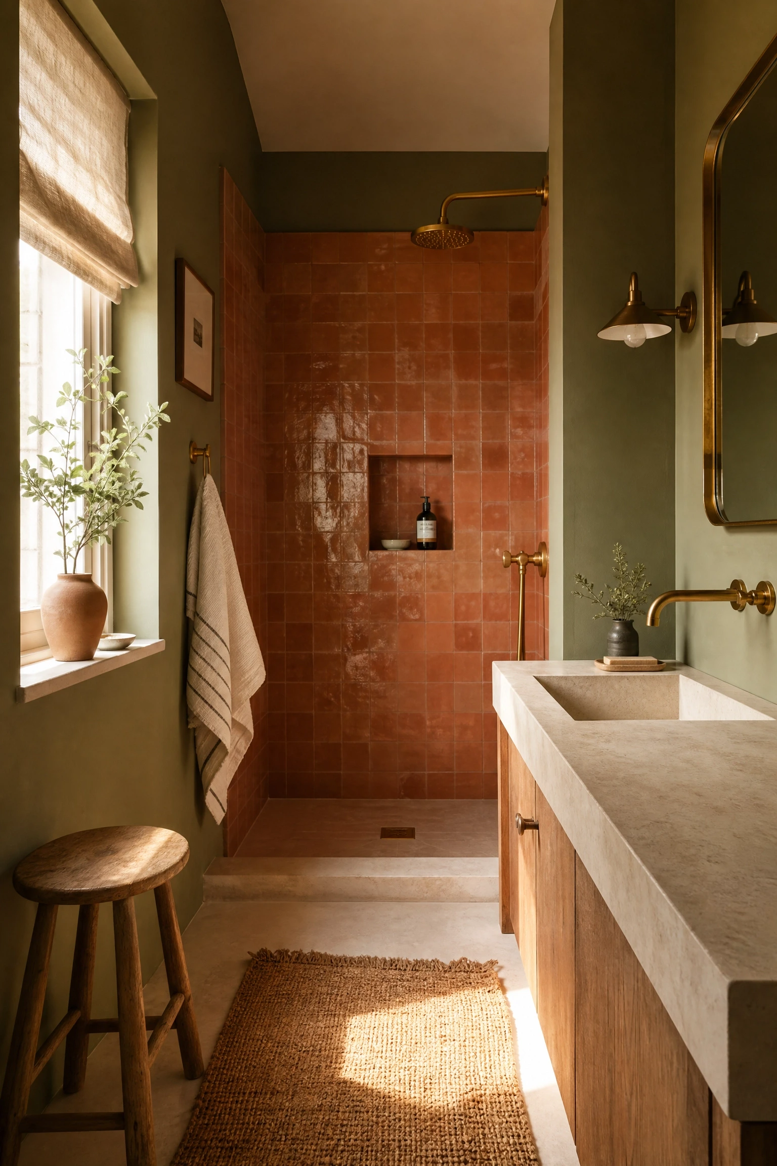 the olive and terracotta mediterranean mood in a bathroom