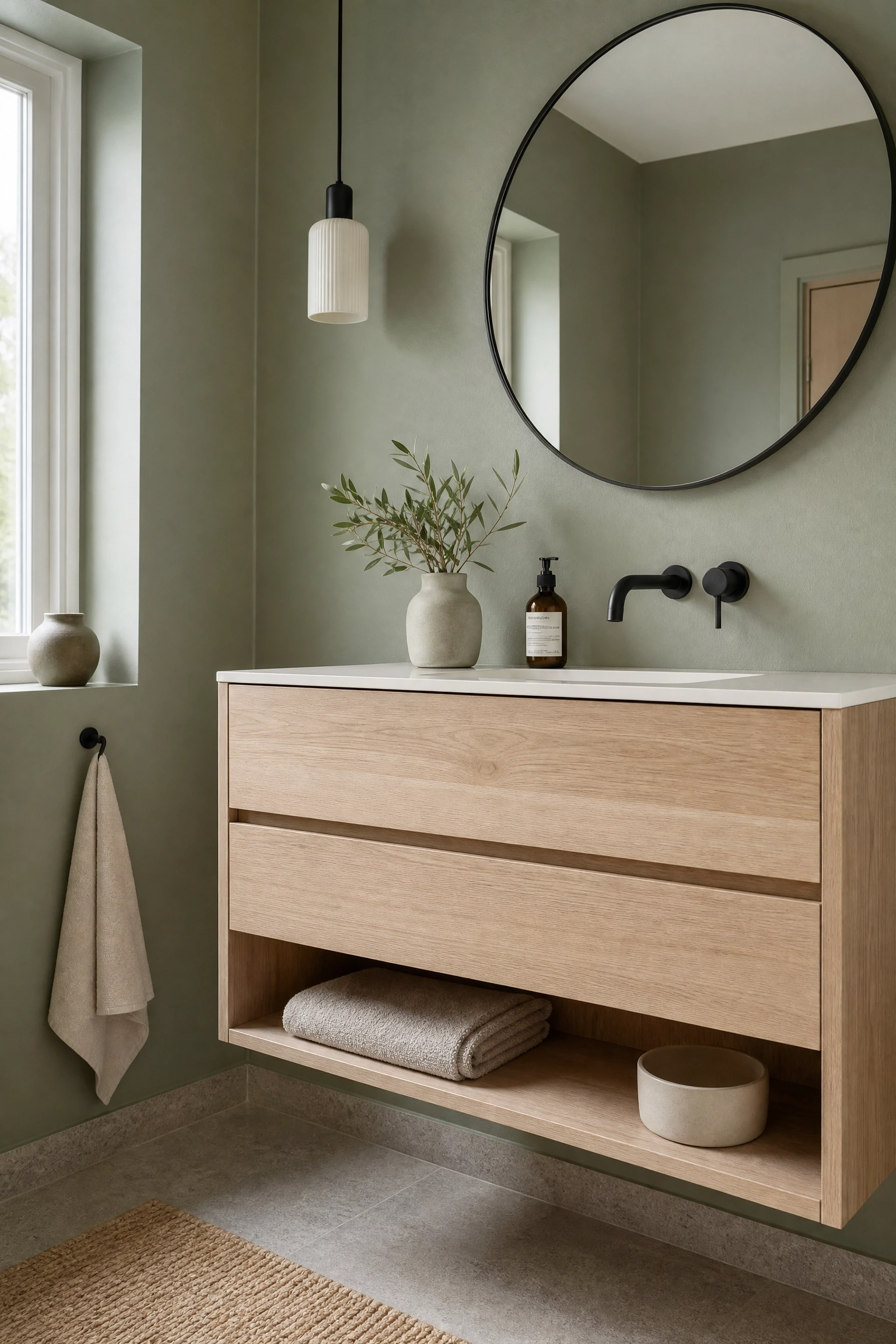 where sage meets scandinavian simplicity in a bathroom