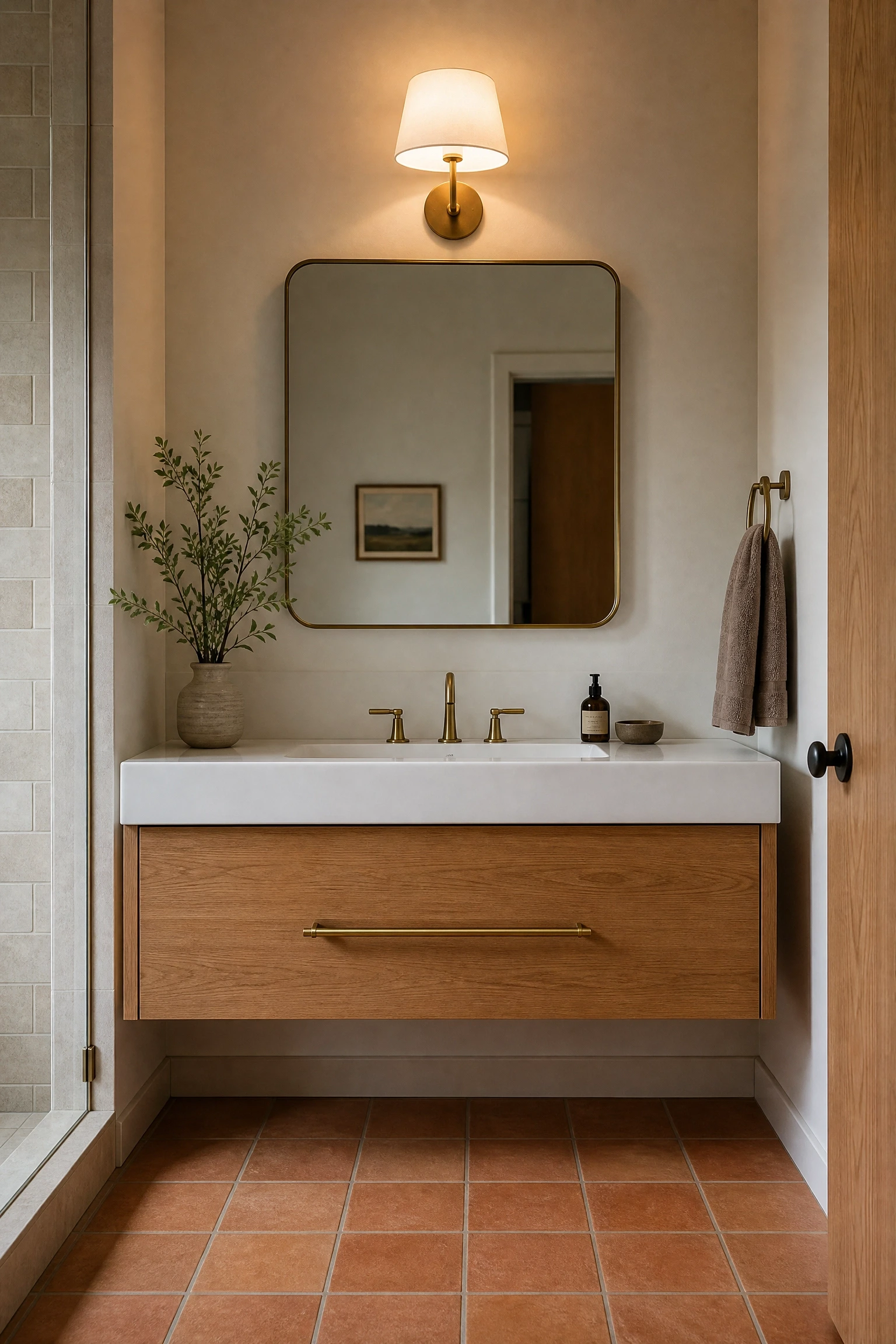 a floating vanity to open up the floor in a bathroom