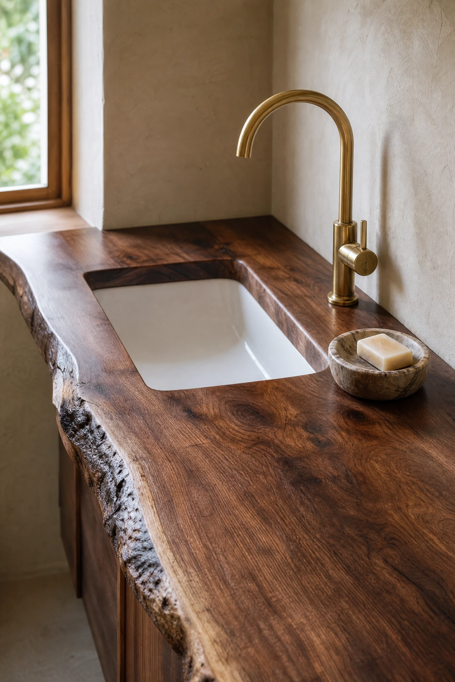 a raw or live edge wood vanity in a bathroom