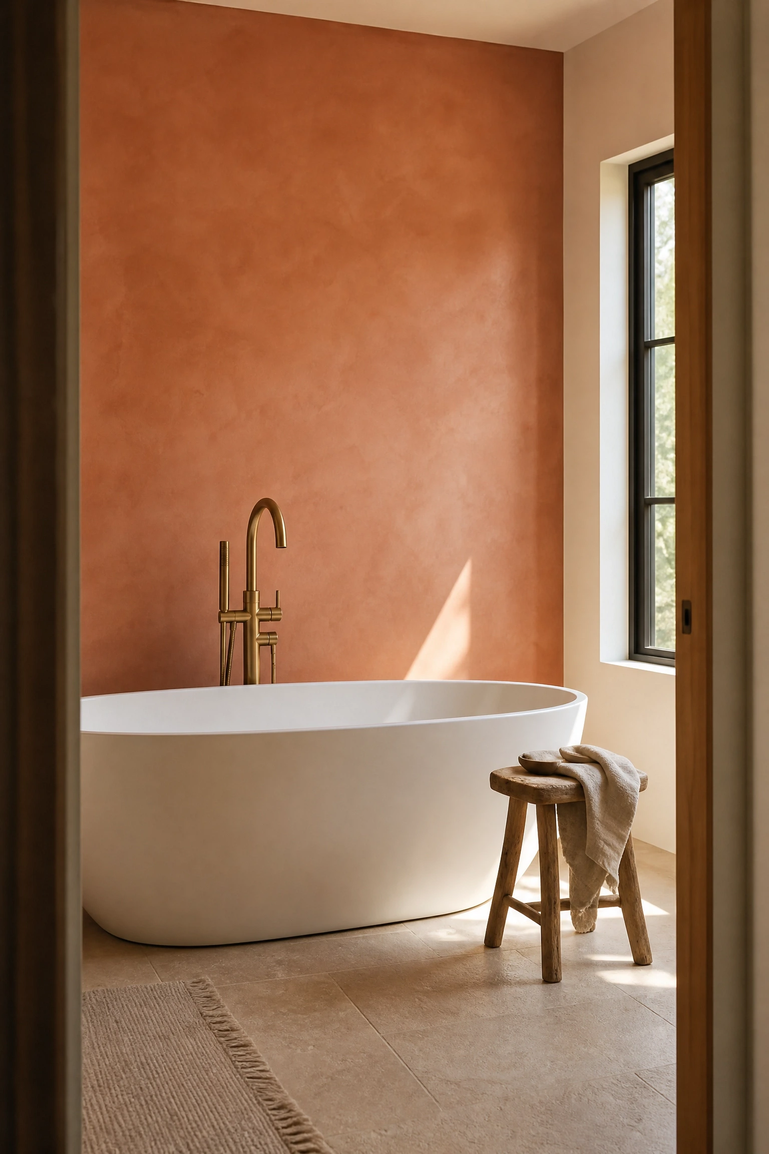 clay and terracotta on one wall in a bathroom