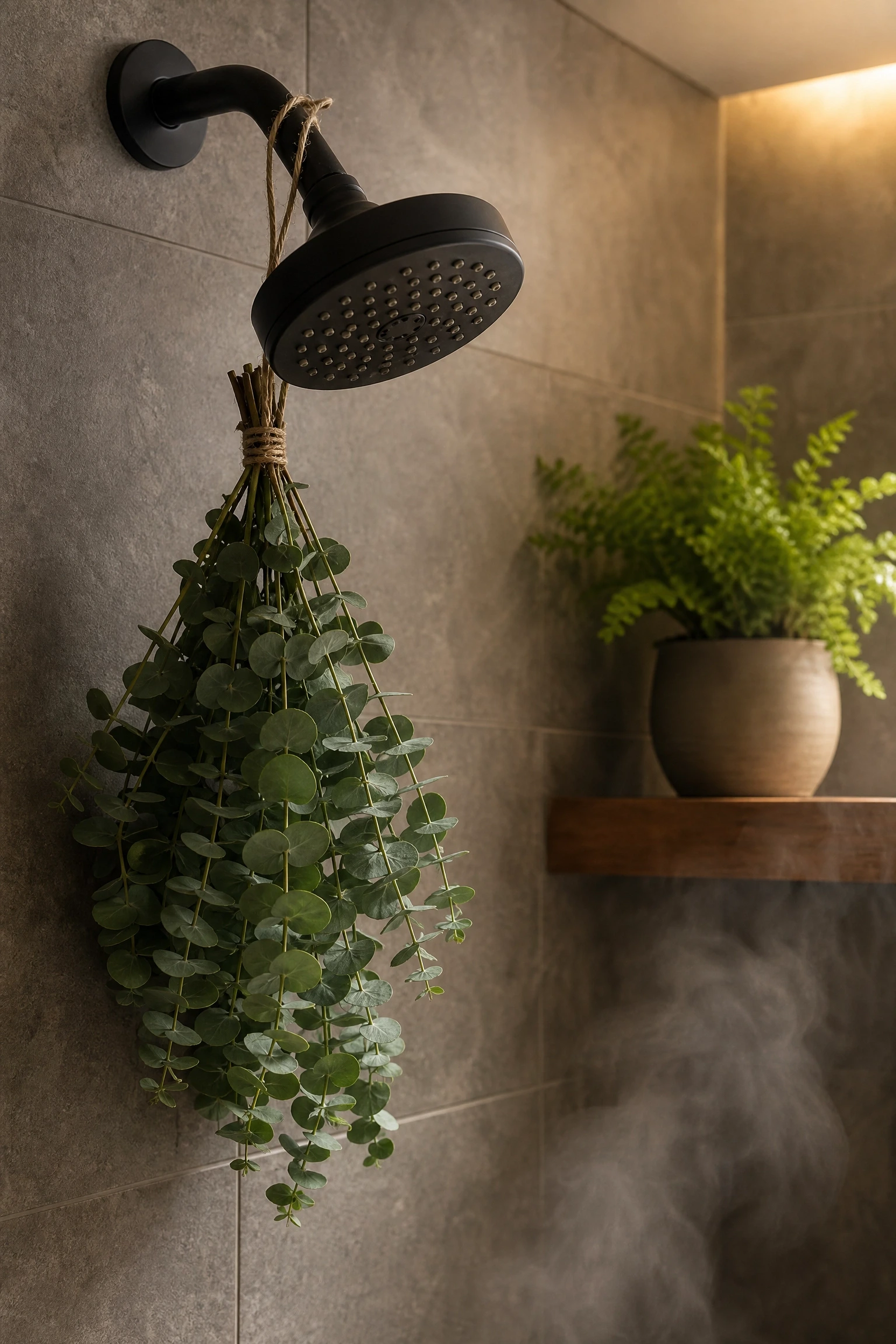 eucalyptus, potted plants, and living texture in a bathroom