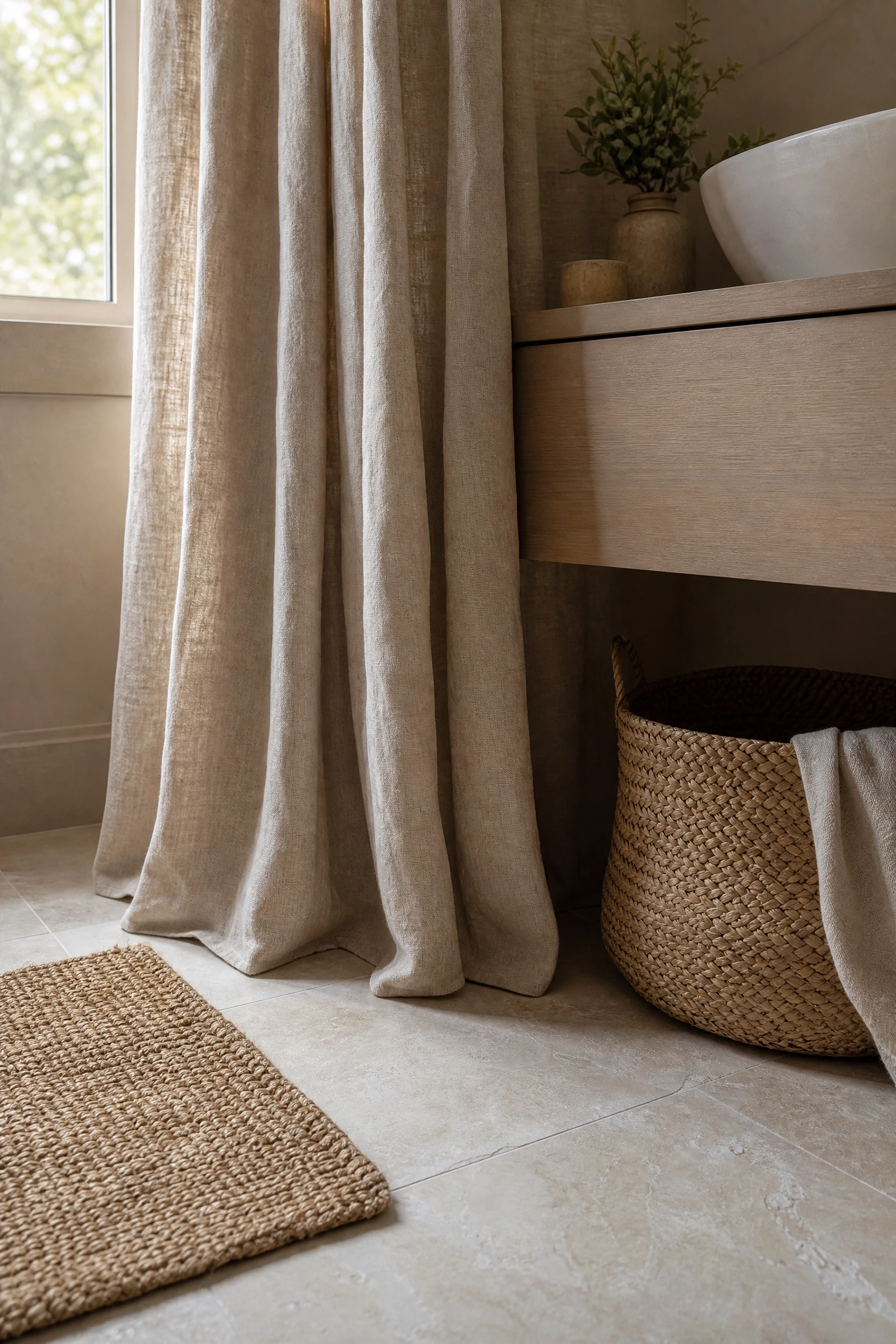 linen, jute, and woven textiles in a bathroom