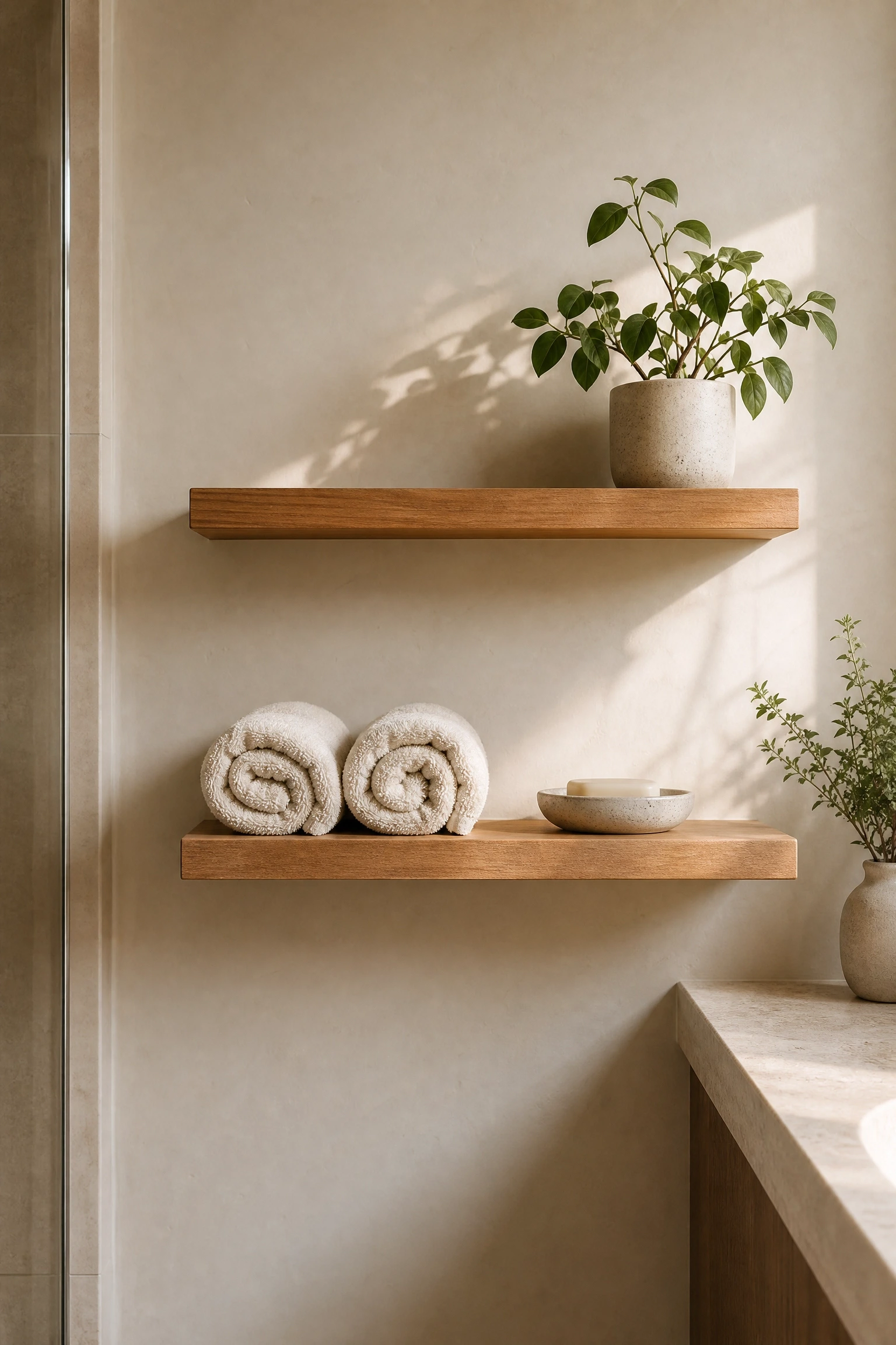 open shelving instead of closed cabinets in a bathroom