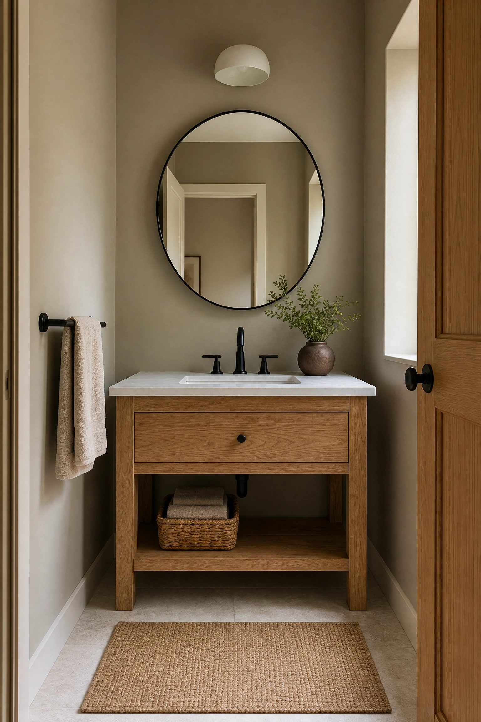 taupe walls with warm wood trim in a bathroom