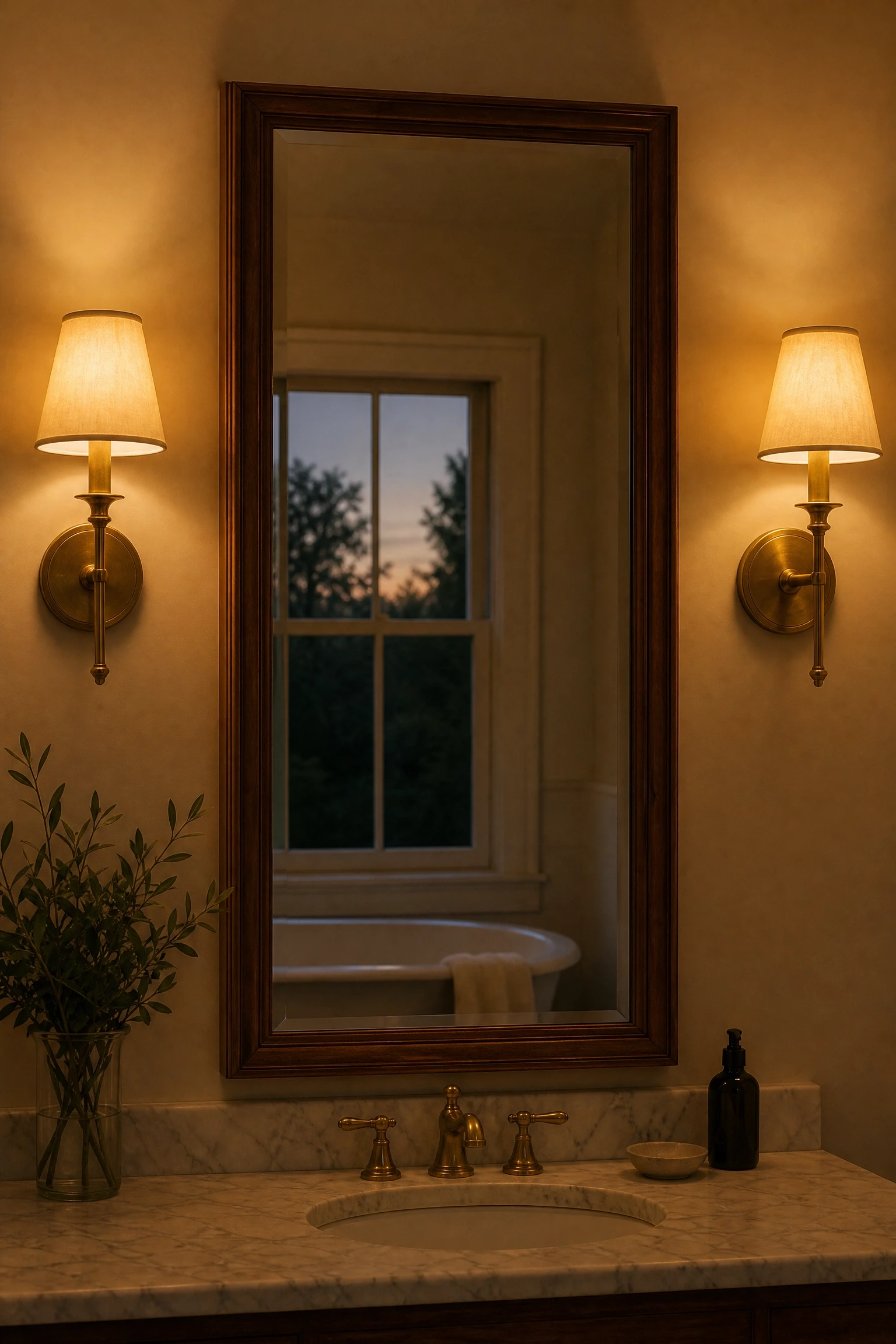 warm-toned layered lighting in a bathroom