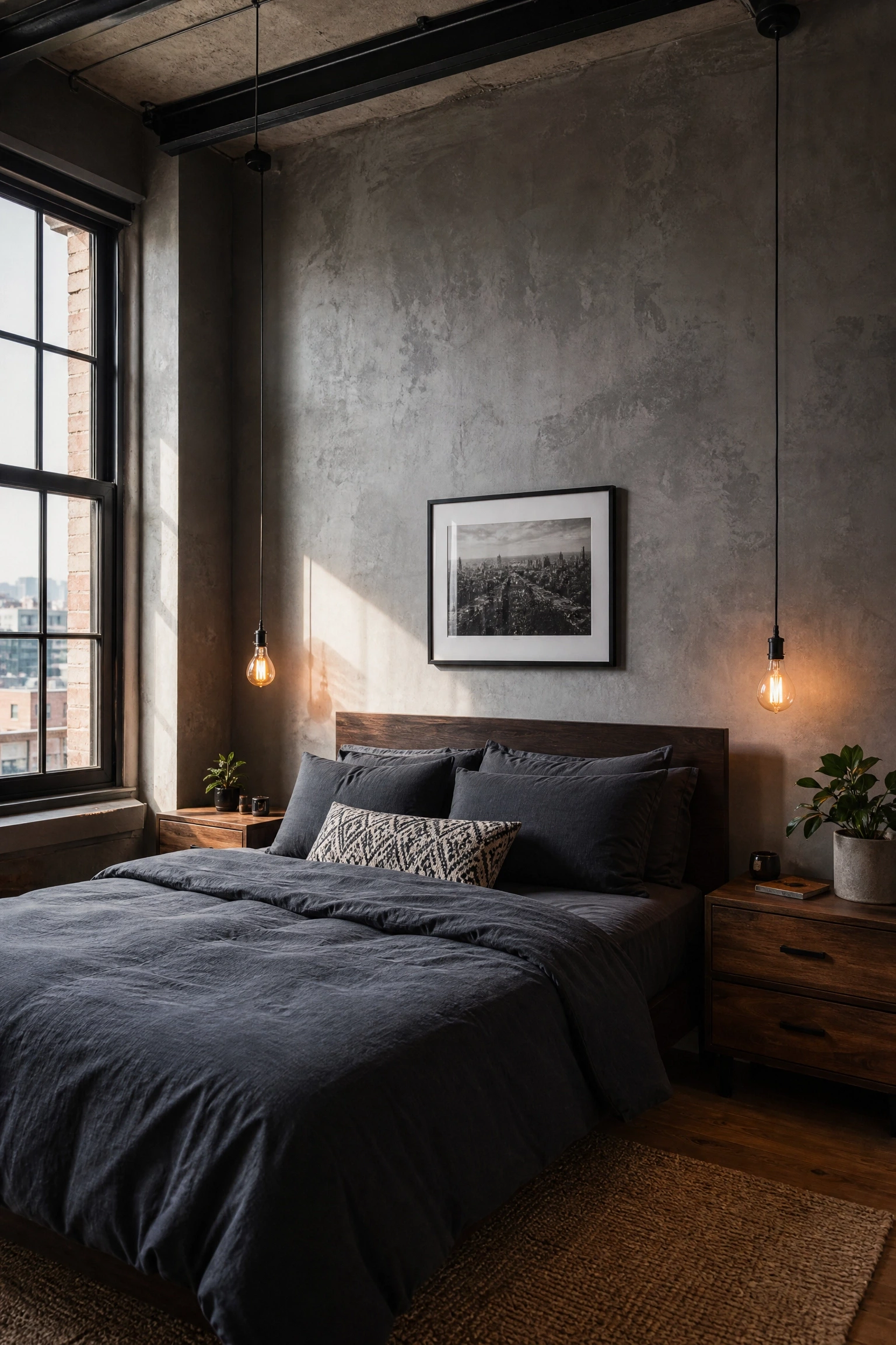 concrete effect paint in a bedroom