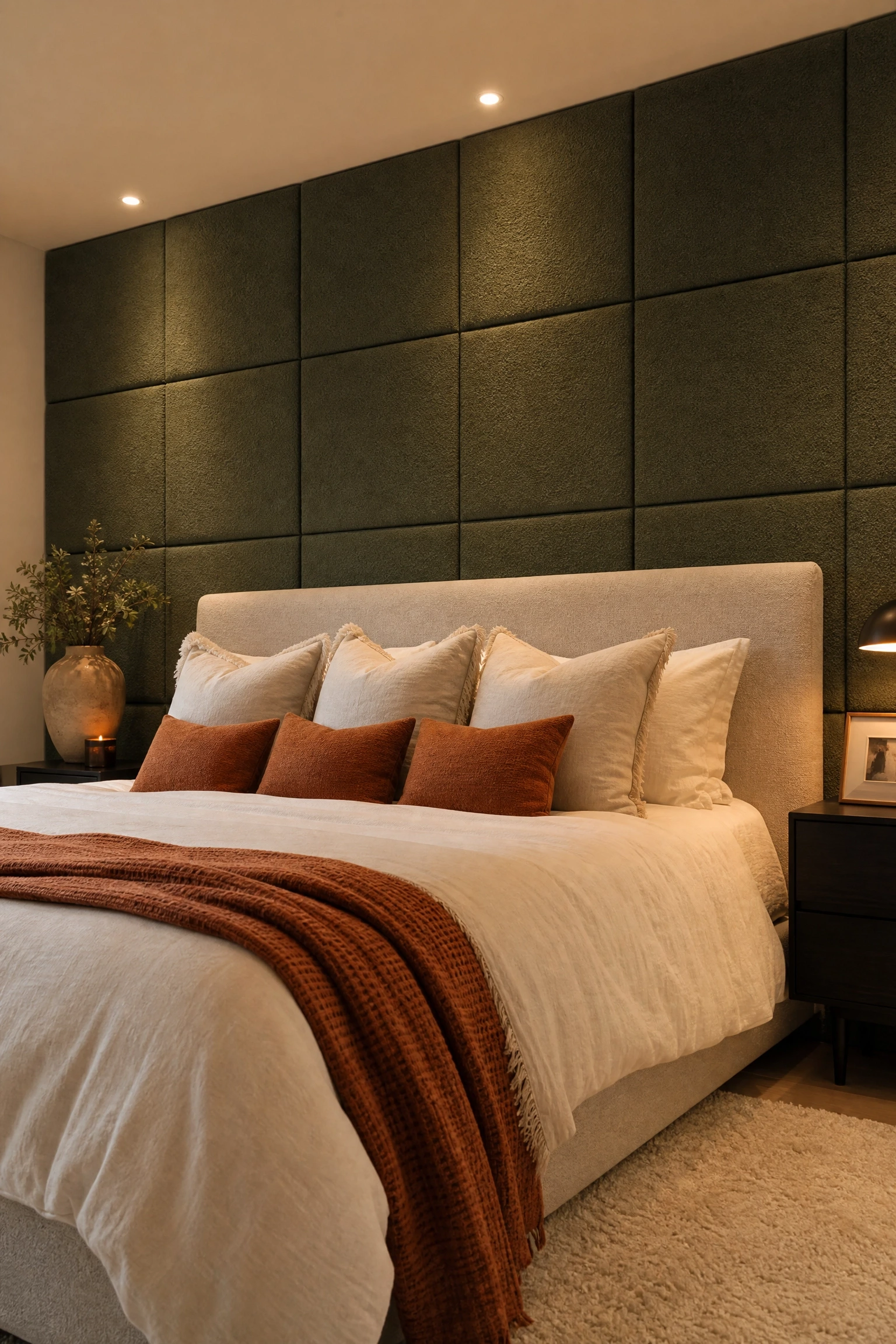 fabric-upholstered panel wall in a bedroom