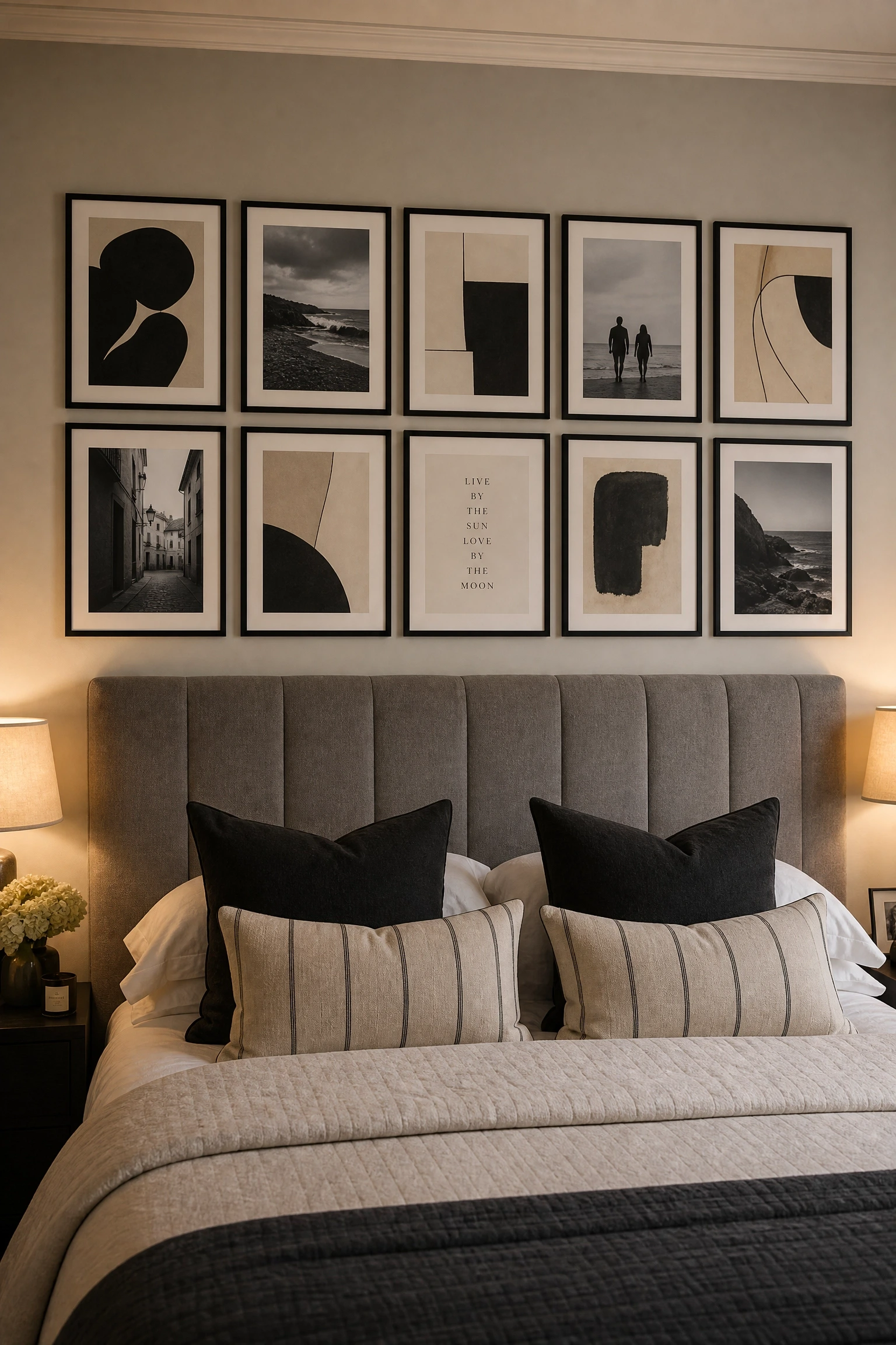 gallery wall as accent in a bedroom