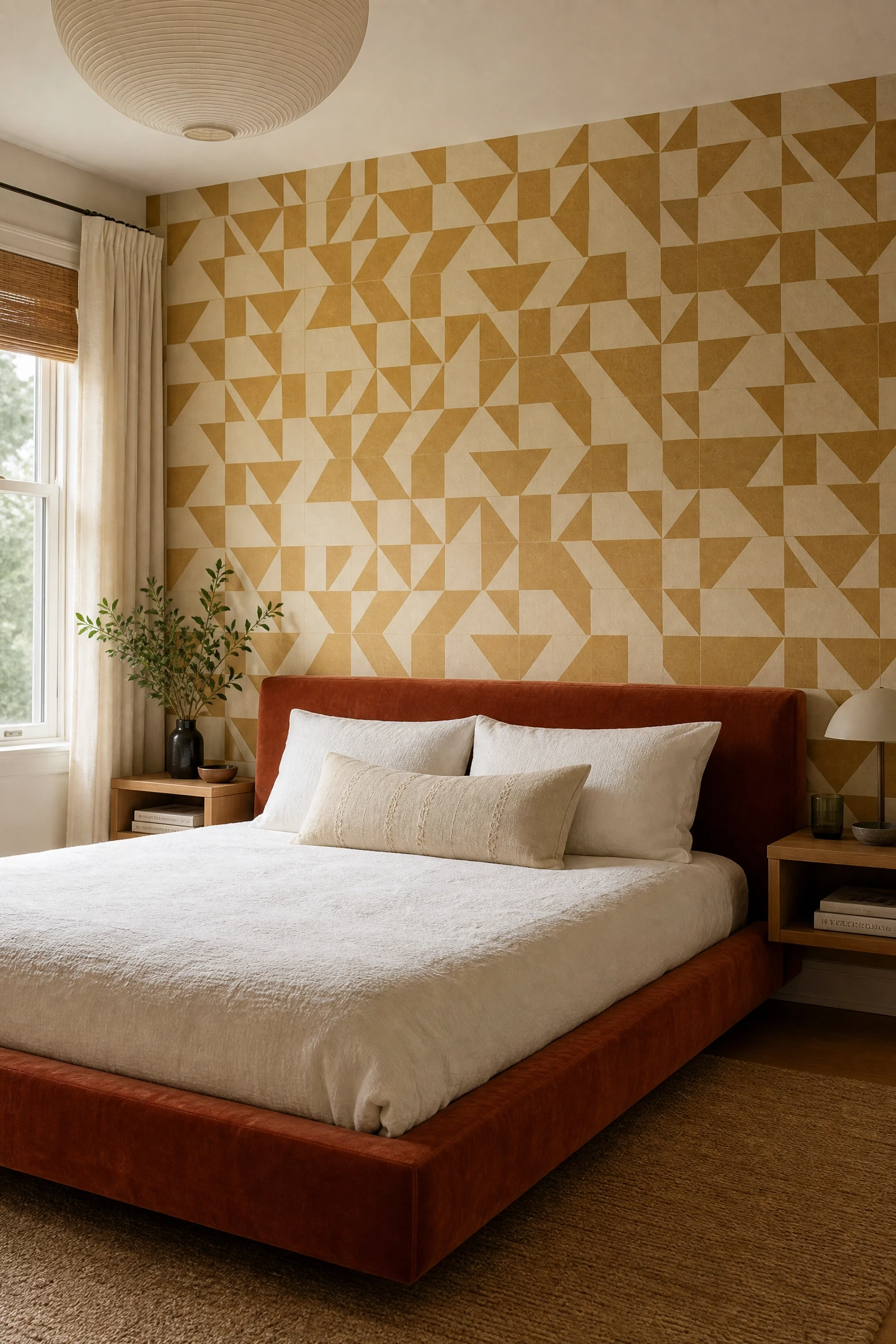 geometric pattern wallpaper in a bedroom