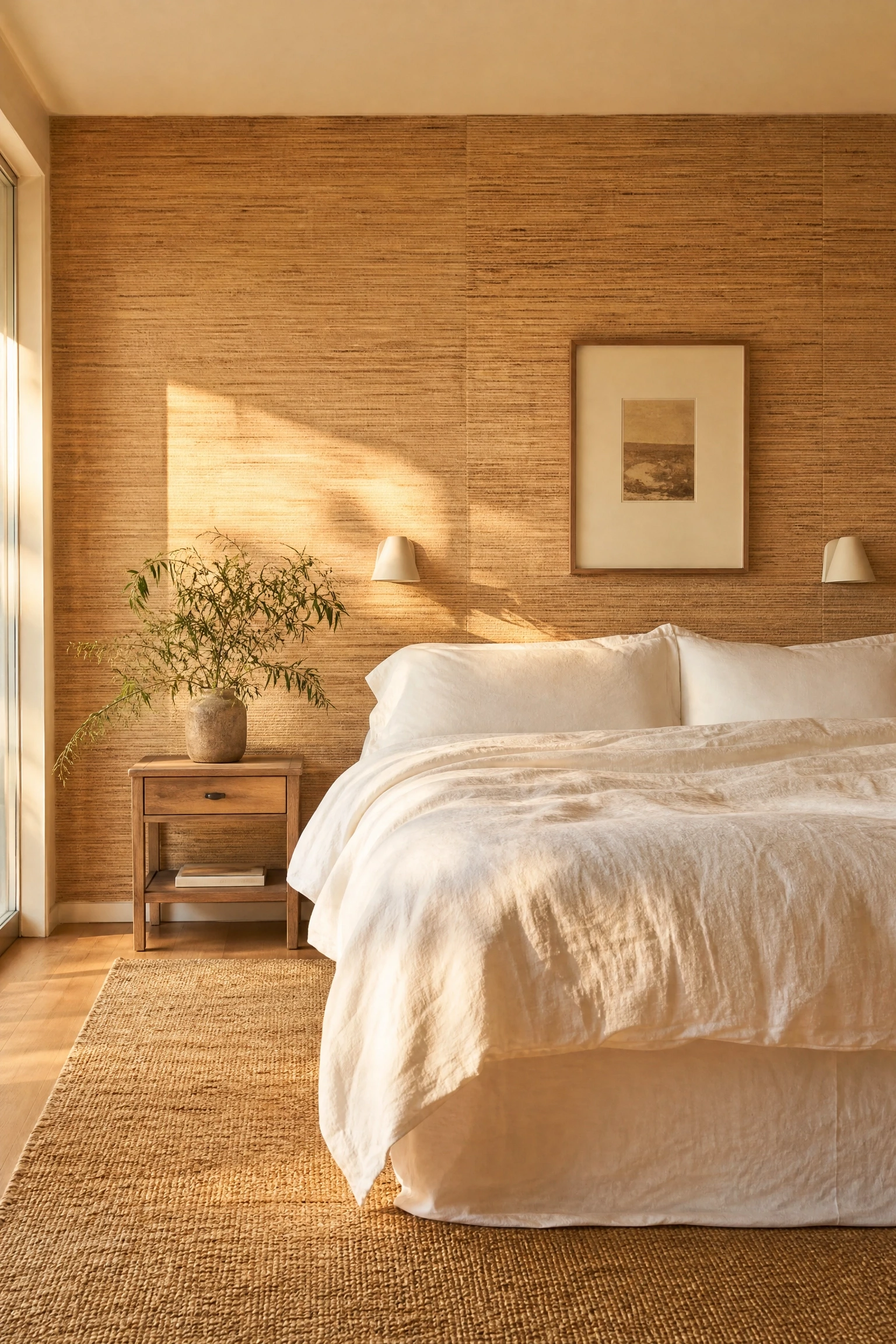 grasscloth or natural fibre wallpaper in a bedroom